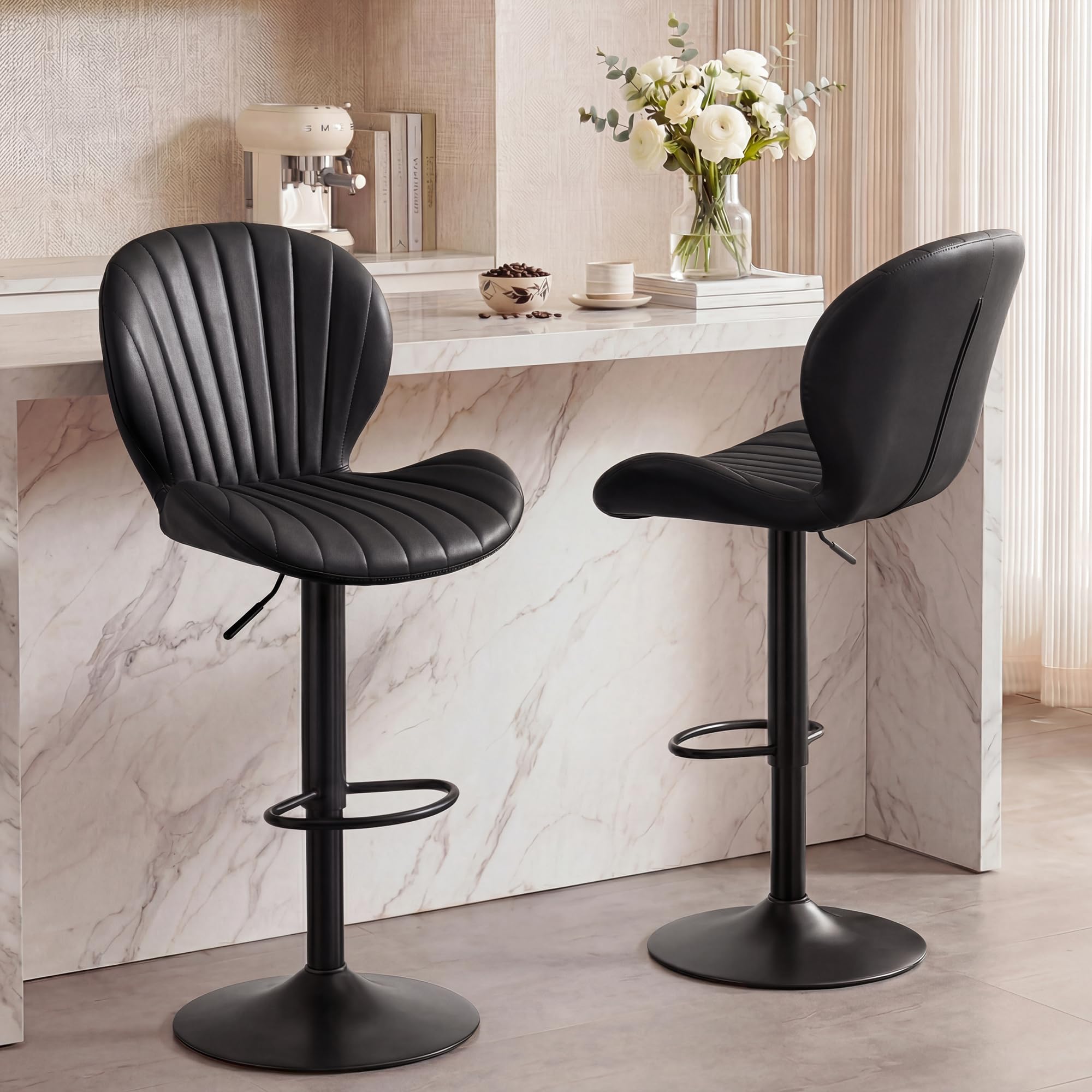GRUSIGN Bar Stools Set of 2, Modern Swivel Adjustable Bar Chairs, Faux Leather Upholstered Counter Height Bar Stools wit
