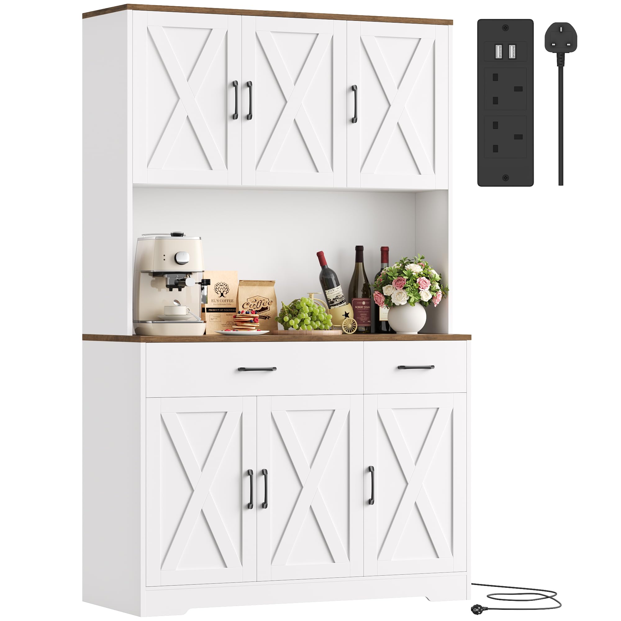HOCSOK Kitchen Cupboard, 180cm Tall Kitchen Cabinet with Charging Station, Pantry Cupboard with Micr