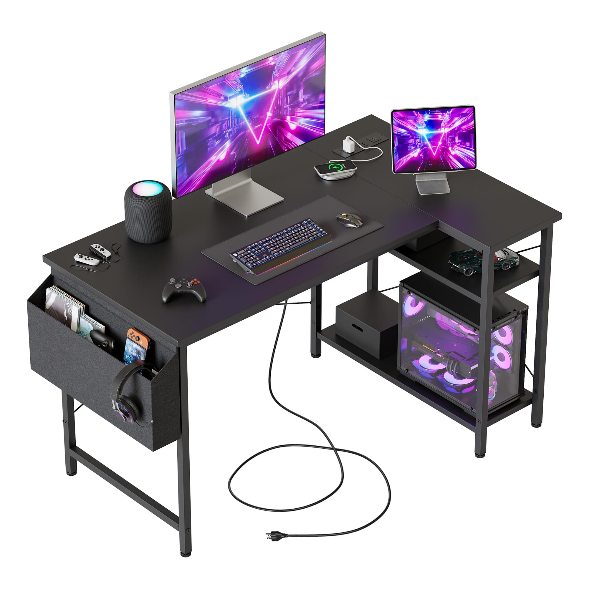 Mericonia Small L Shaped Desk with Power Outlets,100 cm L Computer Corner Desks with Reversible Shelves, Gaming Desk, St