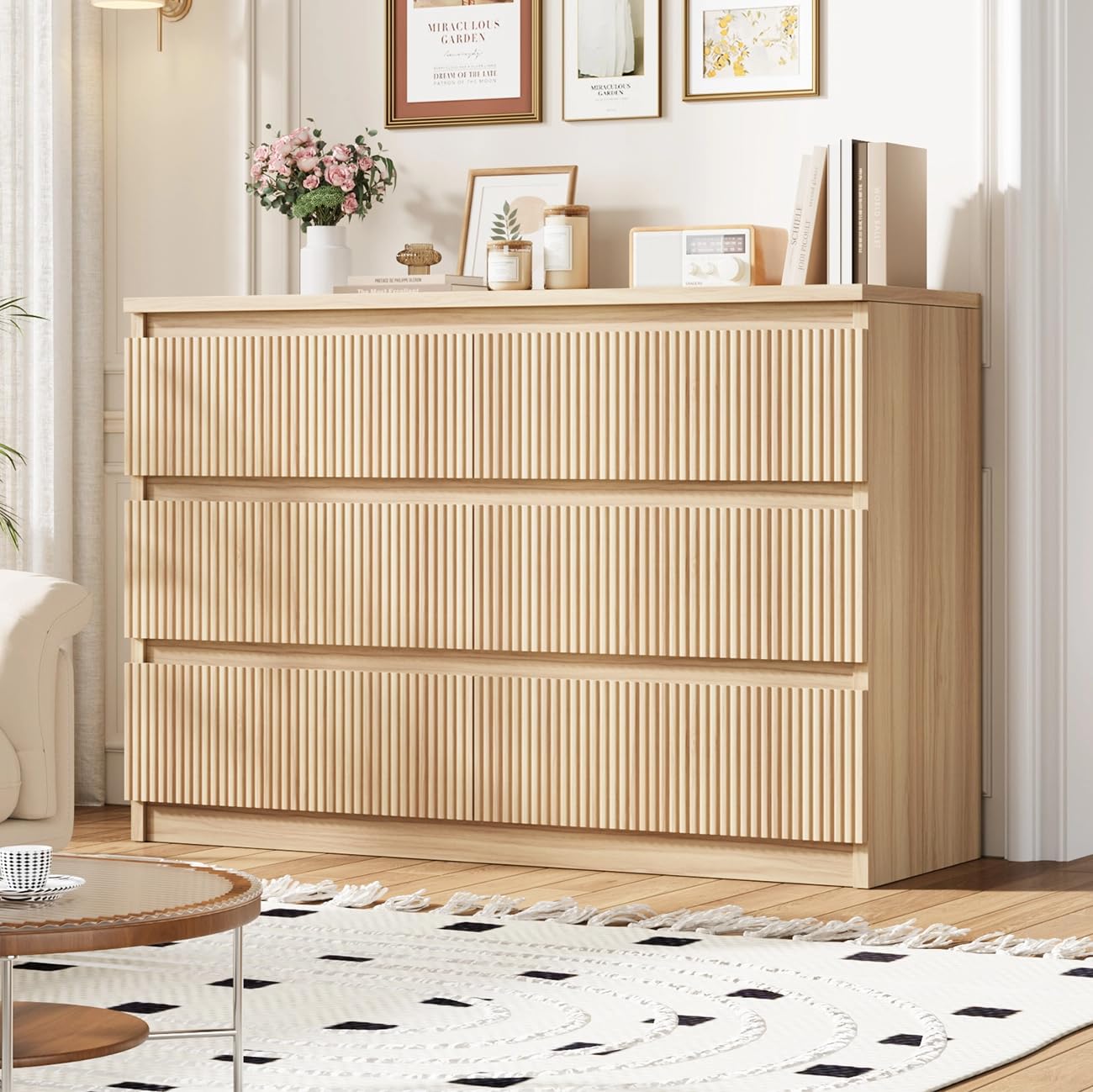 Jocoevol 6 Drawer Fluted Dresser, Modern Chest of Drawers for Bedroom with Hidden Handles, Wood Storage Organizer Cabine