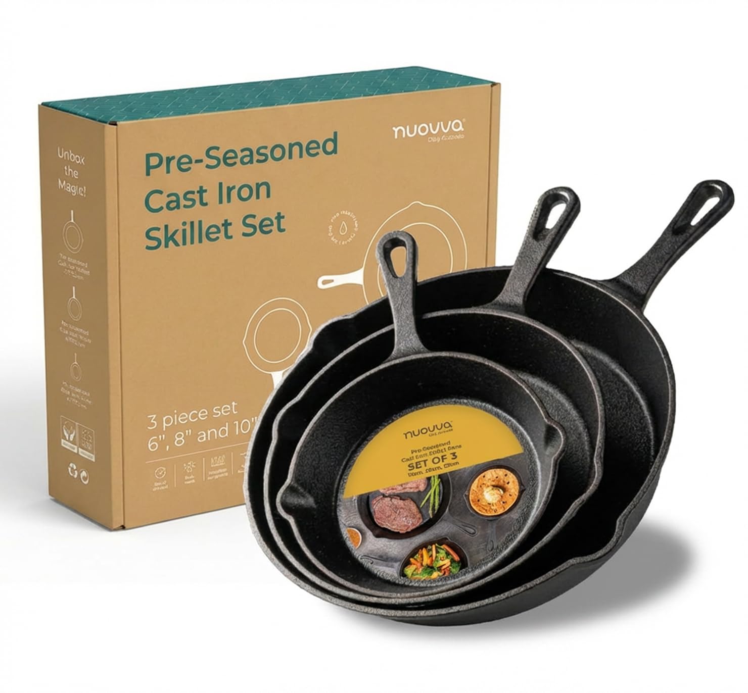 nuovva Pre-Seasoned Cast Iron Skillet Frying Pans Oven Safe Cookware for Indoor & Outdoor Use - Grill, StoveTop, PFOA & 