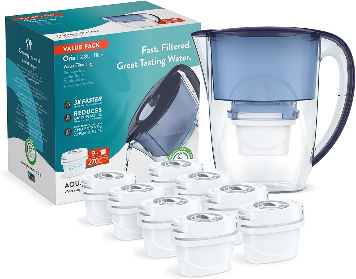 Aqua Optima Oria Water Filter Jug & 9 Evolve+ Filter Cartridge 2.8L Blue - Fridge & Dishwasher Friendly, Easy Fill - Red