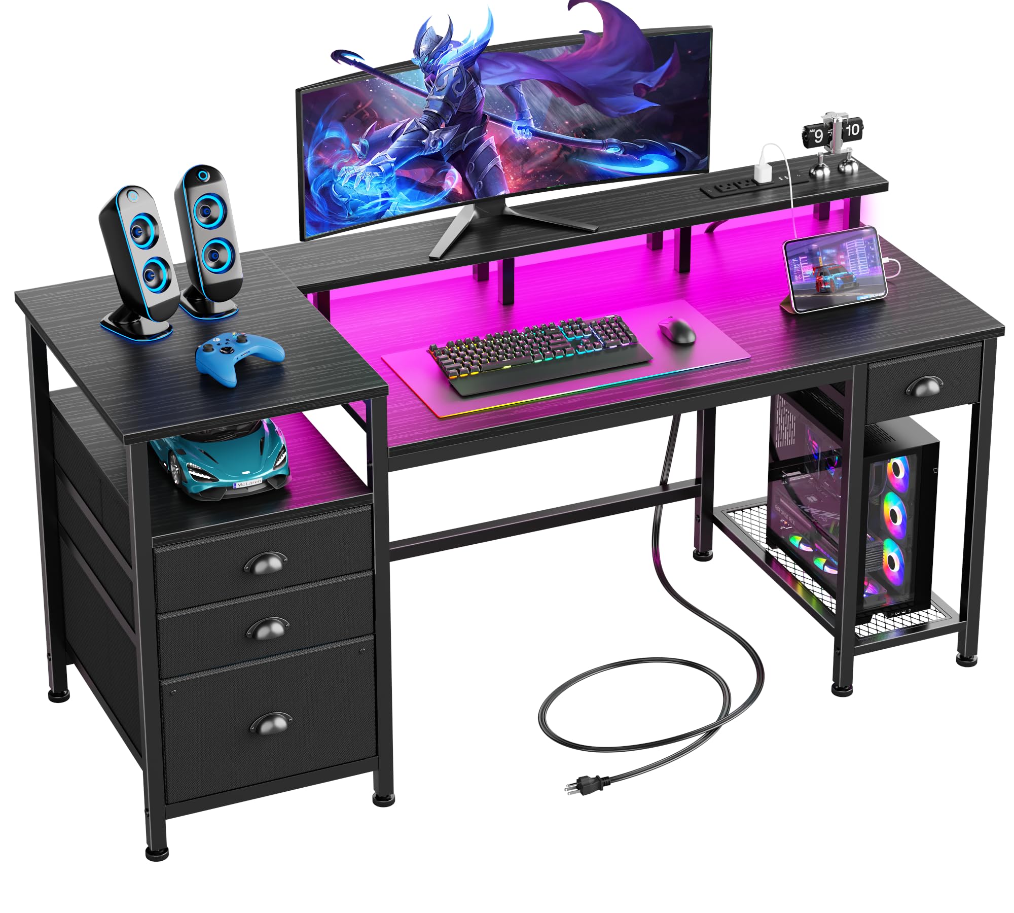 Furologee 60" Black Computer Desk with 4 Drawers and Printer Space, Gaming Desk with LED Lights and 