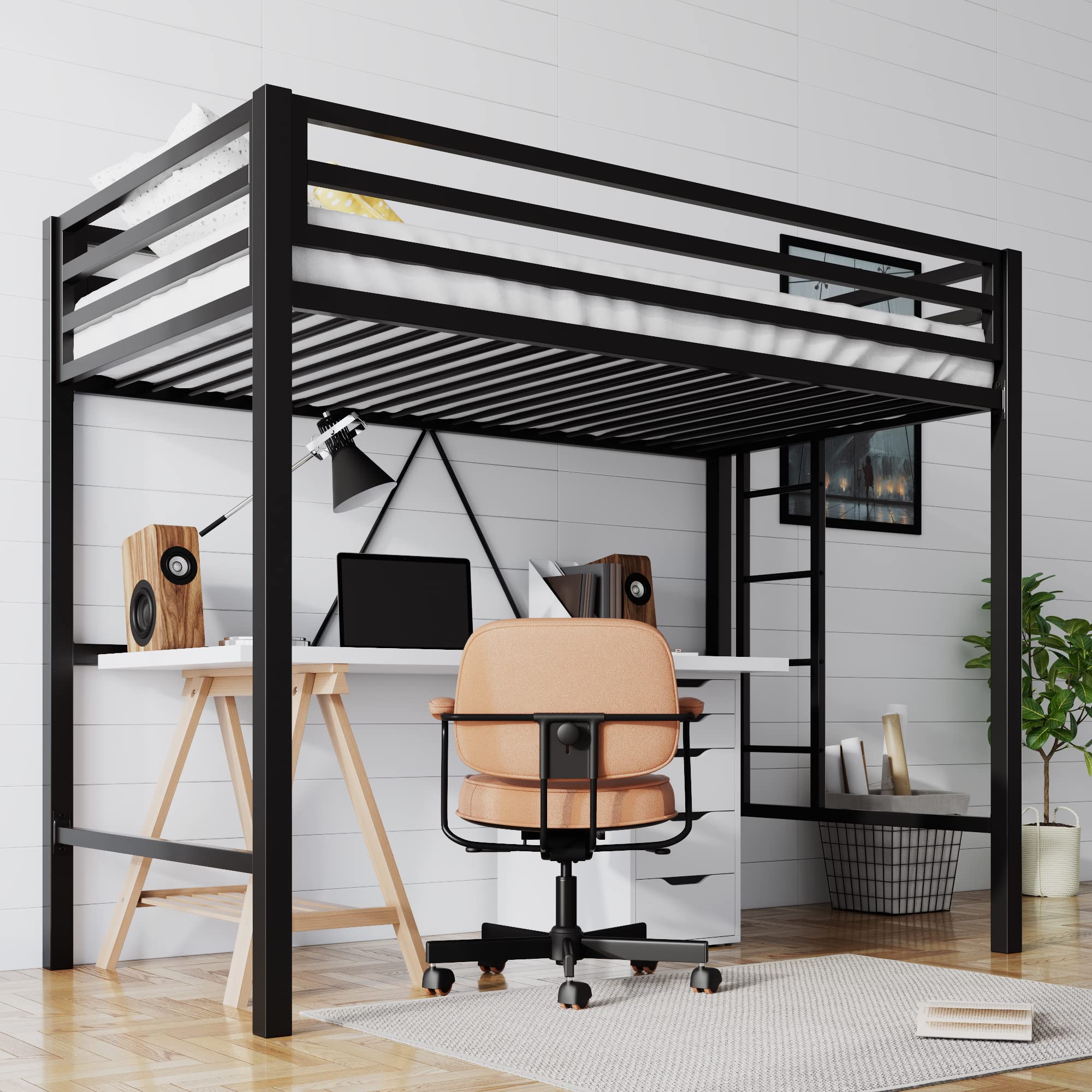 SHA CERLIN Loft Bed Twin Size with Ladder and Guardrail,Heavy Duty Metal Slats Support No Box Spring Needed Small Space