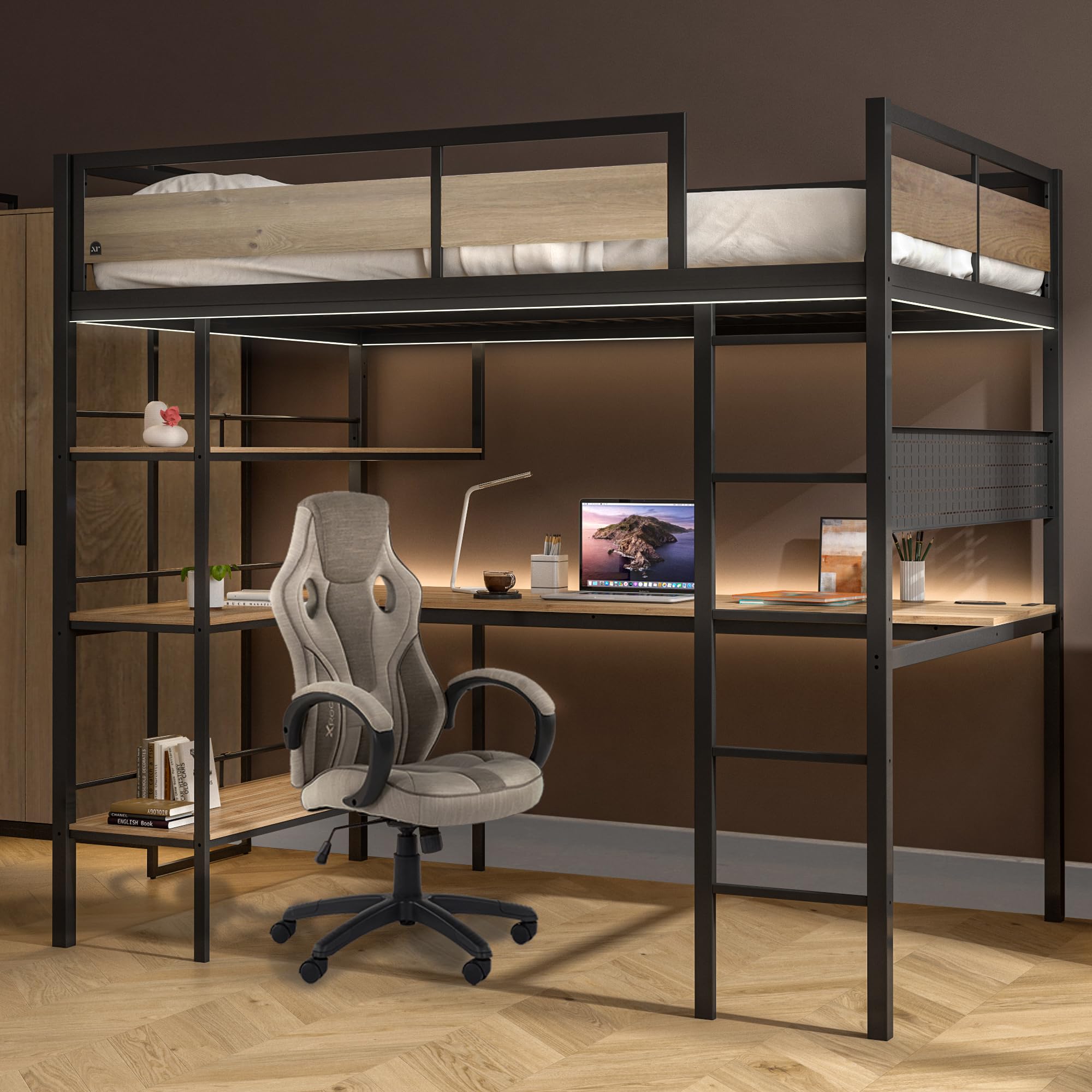 XR Living Denver 4ft6 Double, High Sleeper Bunk Bed - App Controlled LED Lights, Gaming Desk & PC Storage Shelf, Wireles