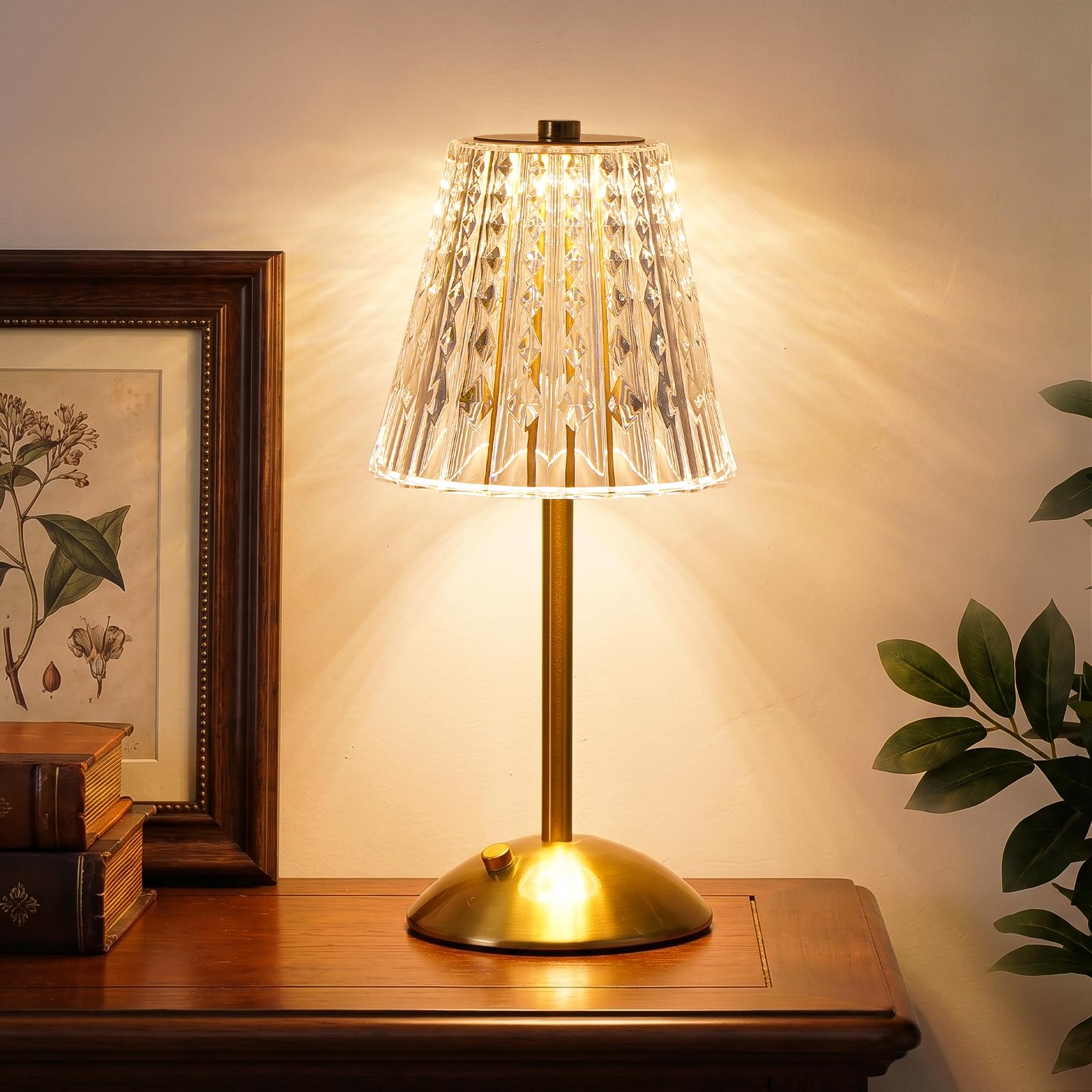 Nusogon Cordless Touch Table Lamp, Classic Edition Rechargeable Small Desk Lamp, 3 Color Dimmable Crystal Lamp for Bedro
