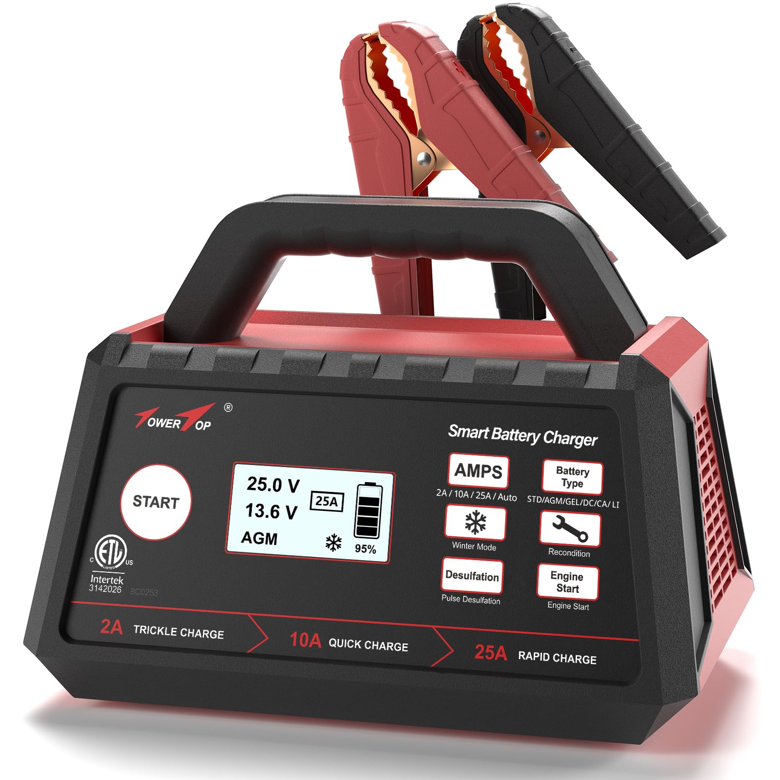TowerTop 2/10/25 Amp 12V Smart Car Battery Charger, Fully Automatic Battery Maintainer with Engine Start, Auto Desulfato