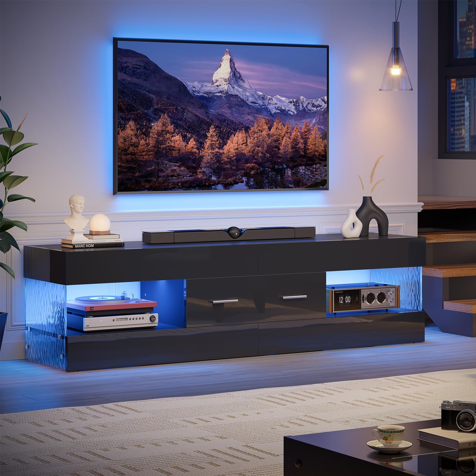 Bestier Black TV Stand for 55/60/65 Inch TV, High Gloss Modern TV Stand with Stone-Patterned Side Panels, LED Entertainm