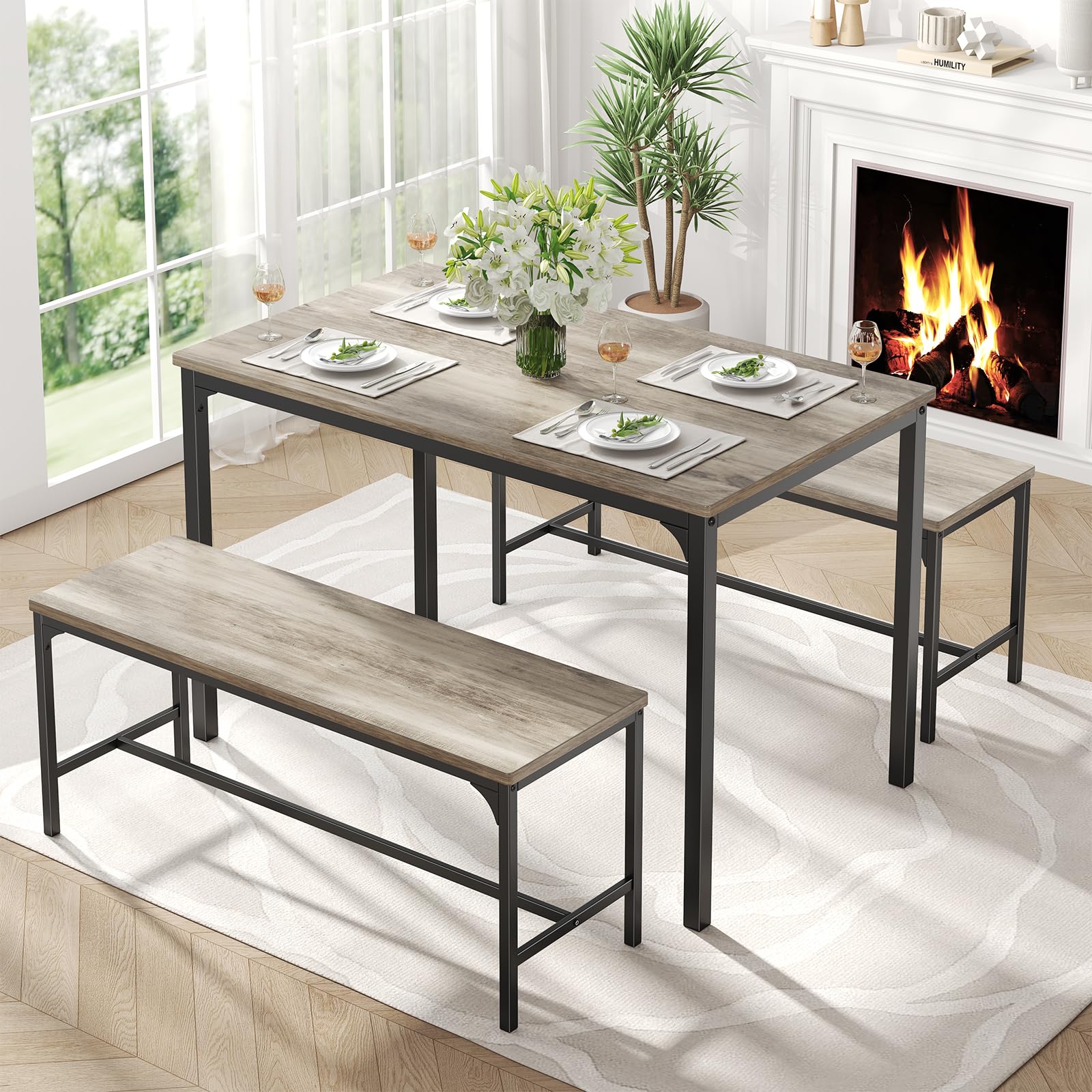 DUMOS Dining Table Set, Dining Table for 4 with Bench, Space-Saving Ideal 4-Person Set for Kitchen A