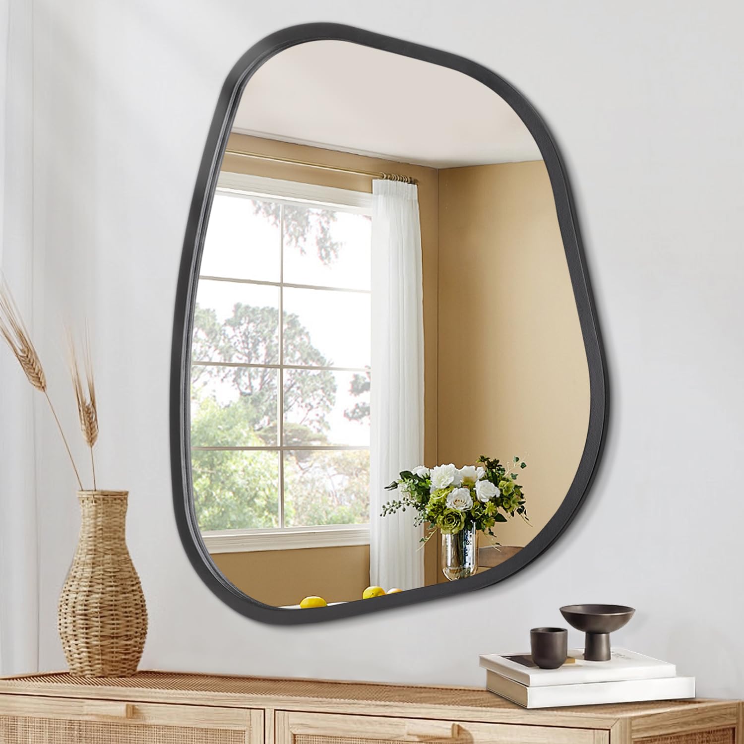 Black Asymmetrical Wall Mirror Irregular Mirror for Wall Modern Wood Frame Unique Shape Vanity Artistic Decorative for L