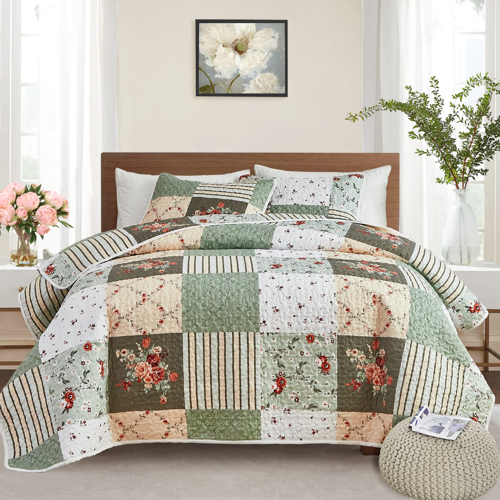 Patchwork Quilt Set Full/Queen Size, 3 Pieces Green Floral Plaid Summer Bedspread Coverlet Set, Soft