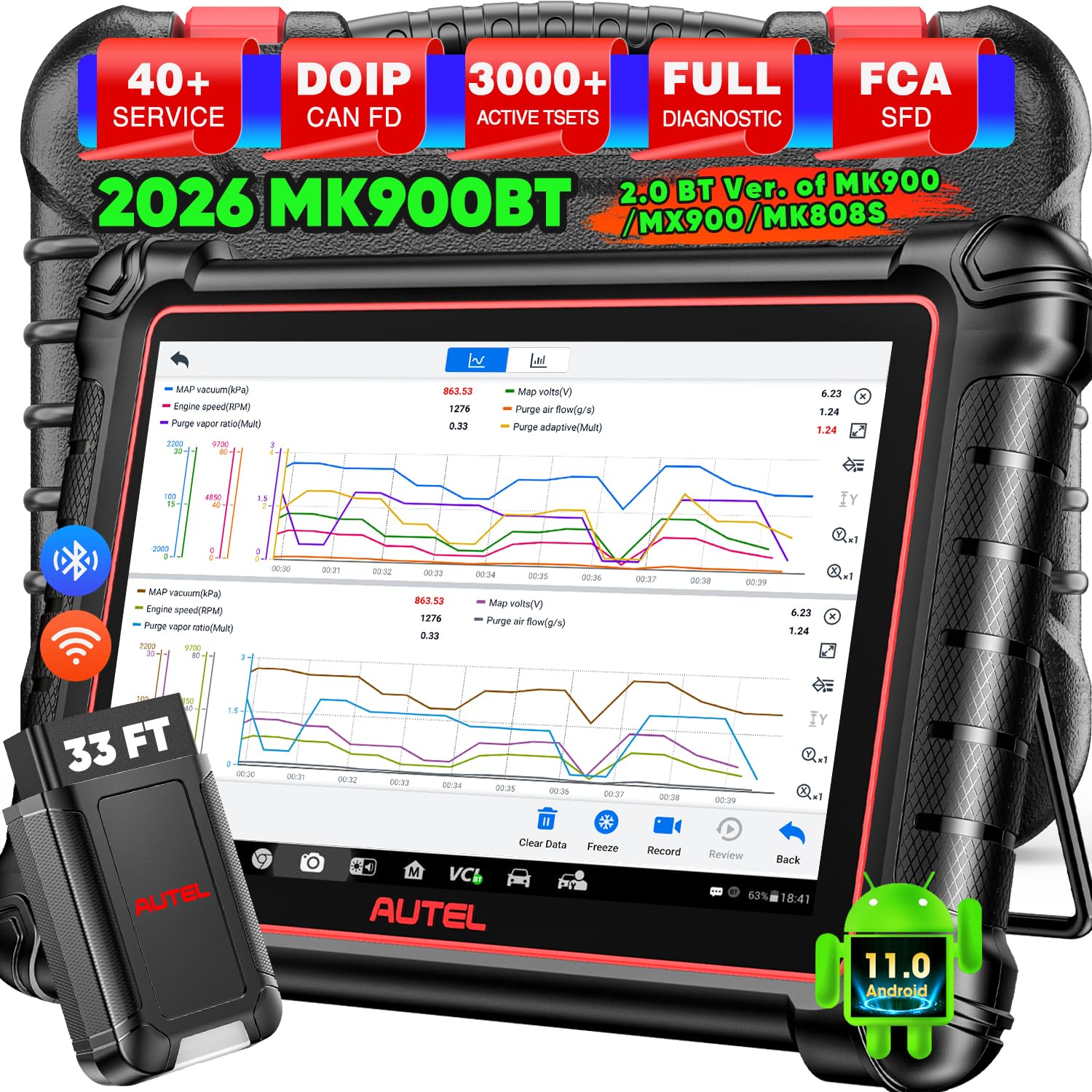 Autel Scanner MaxiCOM MK900BT 2026, MK900-BT V2.0 Bidirectional Diagnostic Scan Tool, 33ft BT Ver of MK900 MX900 8in Up 