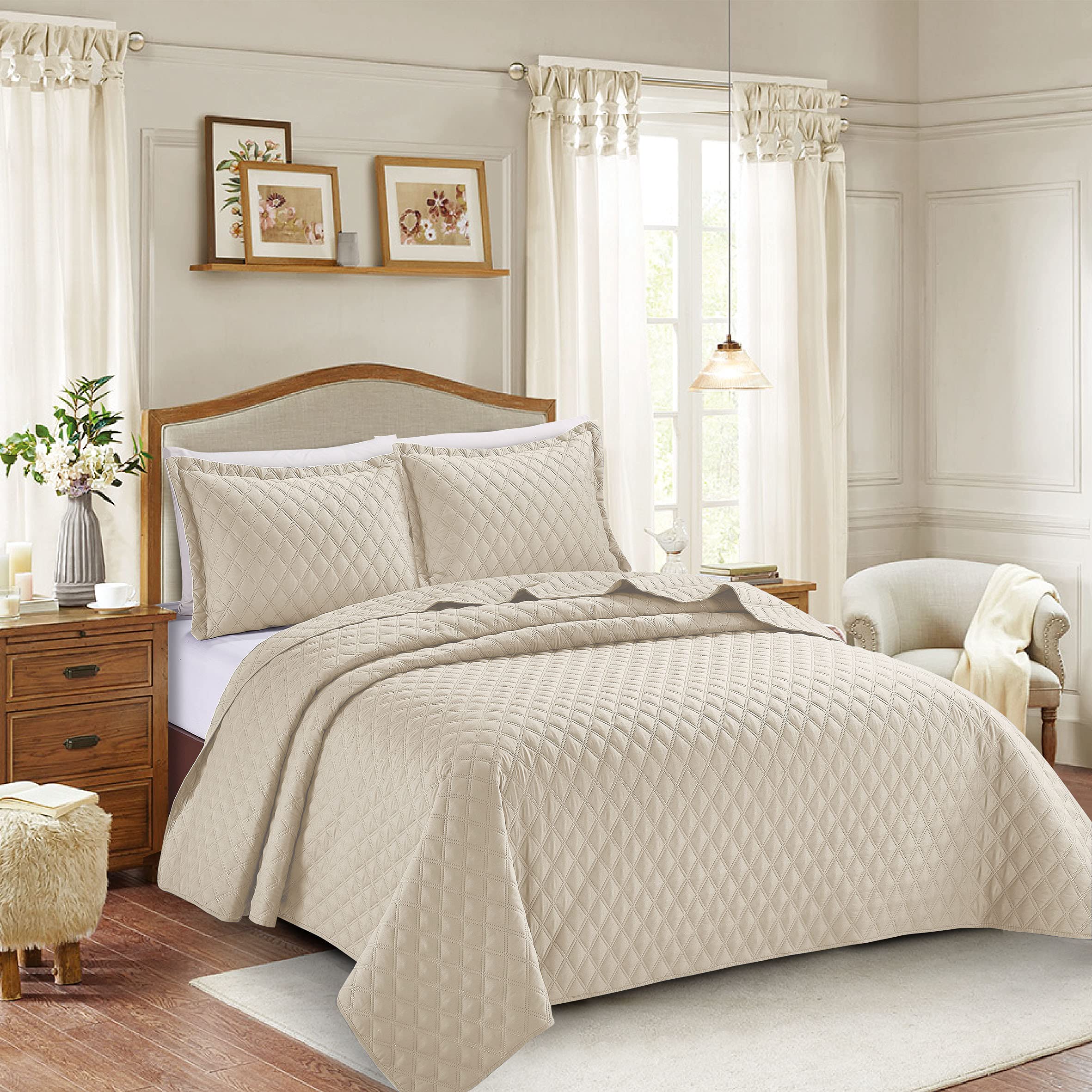 PRIME LINENS 3 Piece Inspiration Quilted Bedspread Embossed Pattern Comforter Bedding Set Bed Throw with Pillow Case (Be