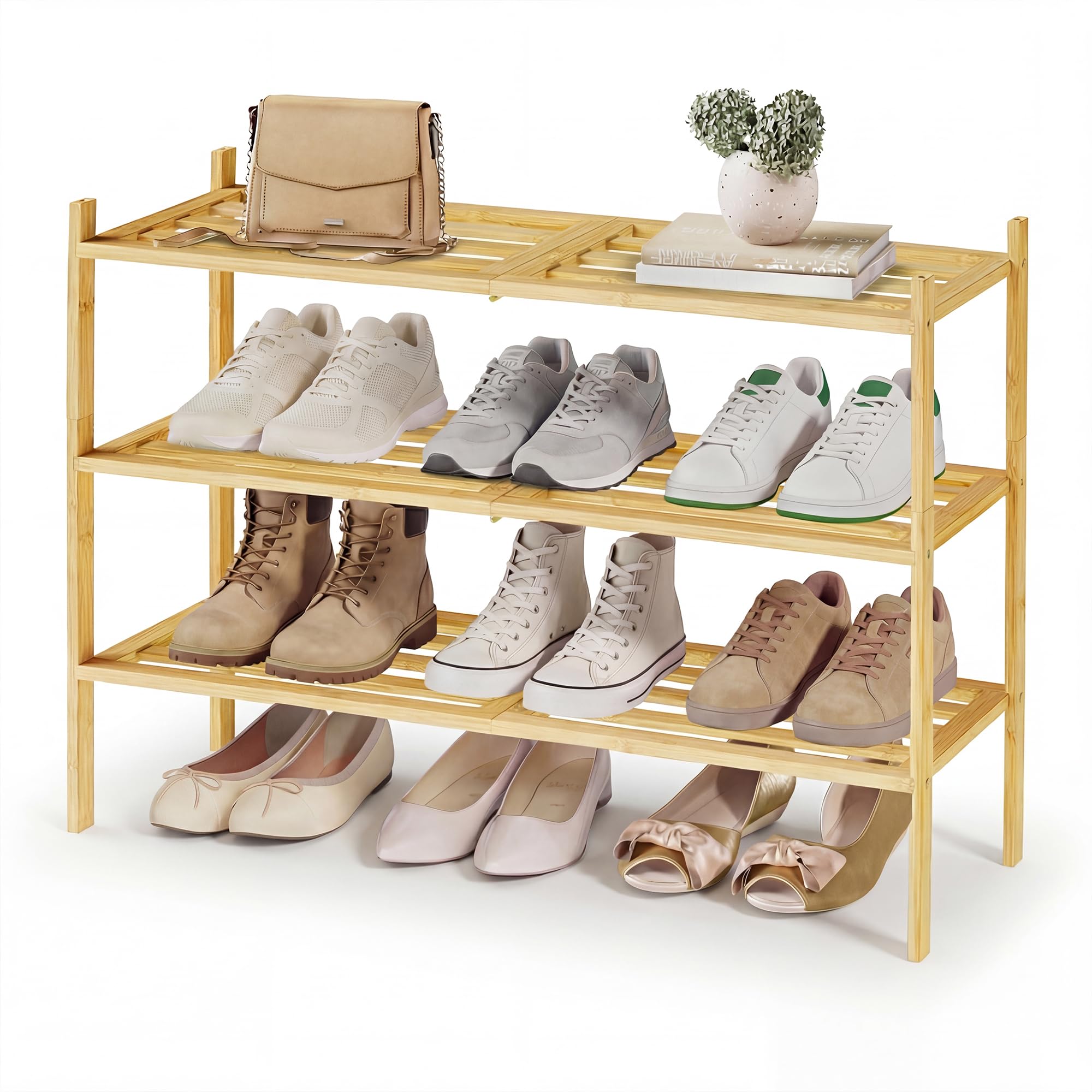 SONGMICS Bamboo Shoe Rack for Closet, Stackable Shoe Oragnizer with Modular Structure, Space-Saving Free Standing Shelf
