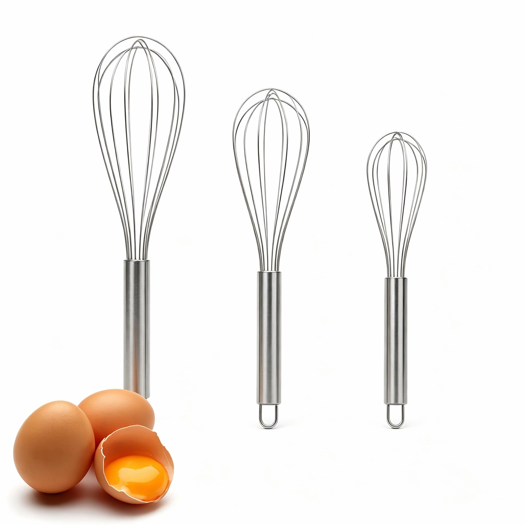 Stainless Steel Whisk Set, 3 Sizes (8", 10", 12") Kitchen Whisks for Cooking, Balloon Wire Whisk for