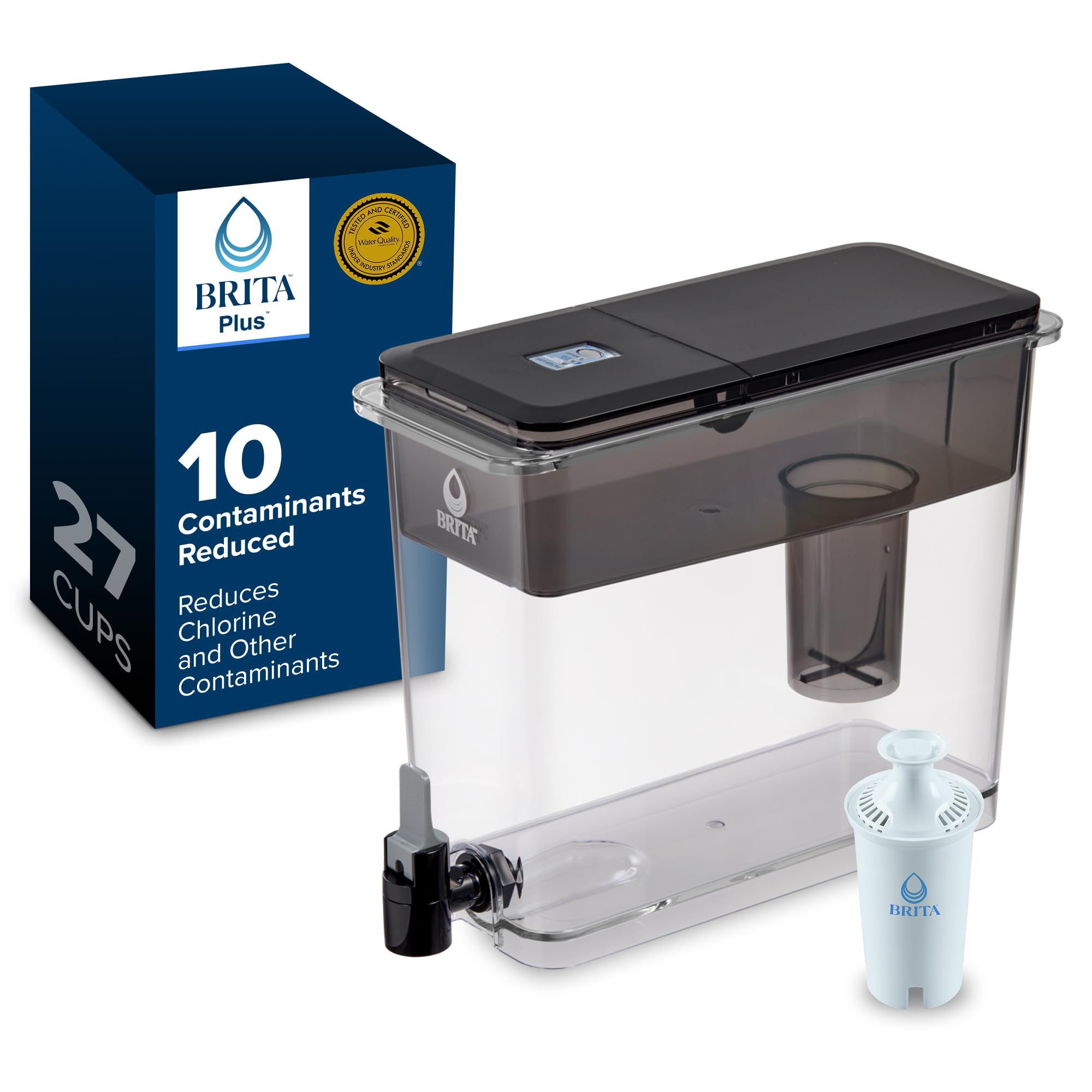 Brita Extra-Large 27-Cup Water Dispenser with BritaPlus Filter, WQA NSF/ANSI Certified, Reduces 2X Contaminants vs. Stan