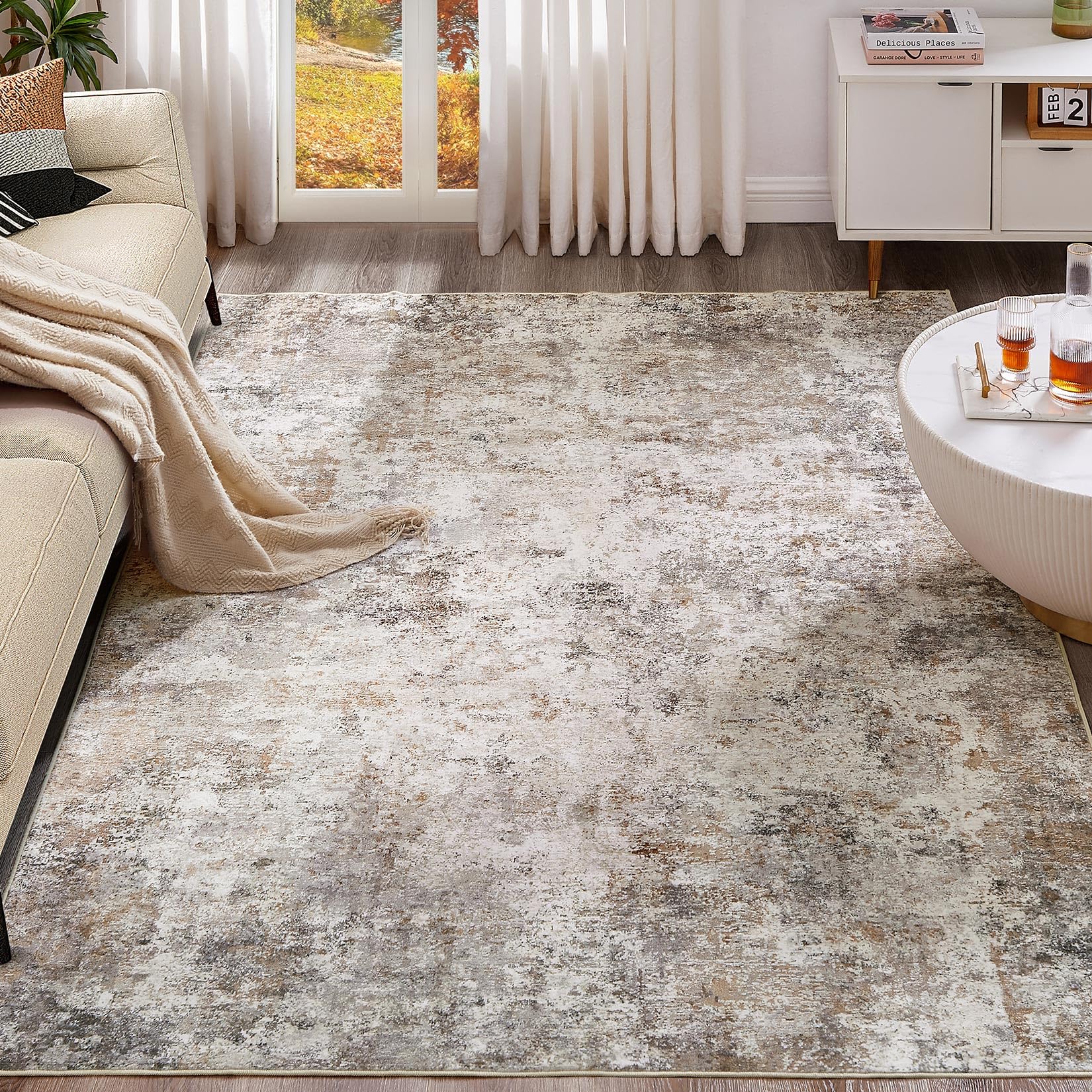 UERMEI 8x10 Area Rug Living Room Rugs - Washable Neutral Modern Abstract Soft Thin Large Rug Indoor 