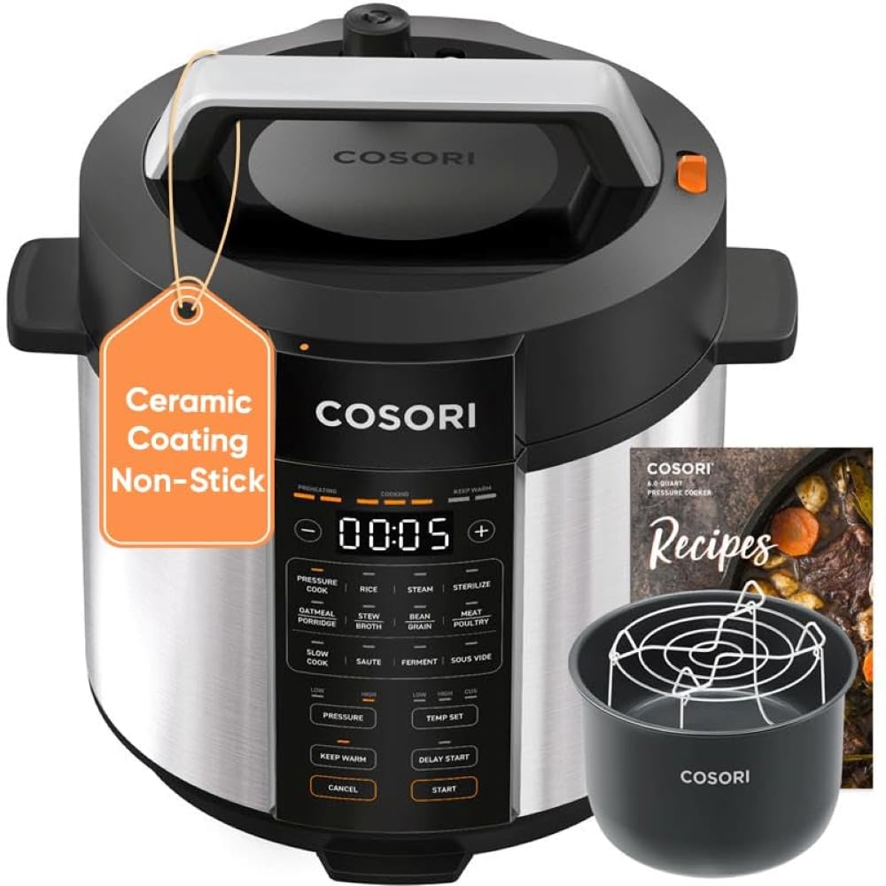 Cosori Pressure Cooker 6QT, Stainless Steel, 9-in-1 Multi Cooker, 12 Safety Features, Ceramic Coating Inner Pot, Rice, S