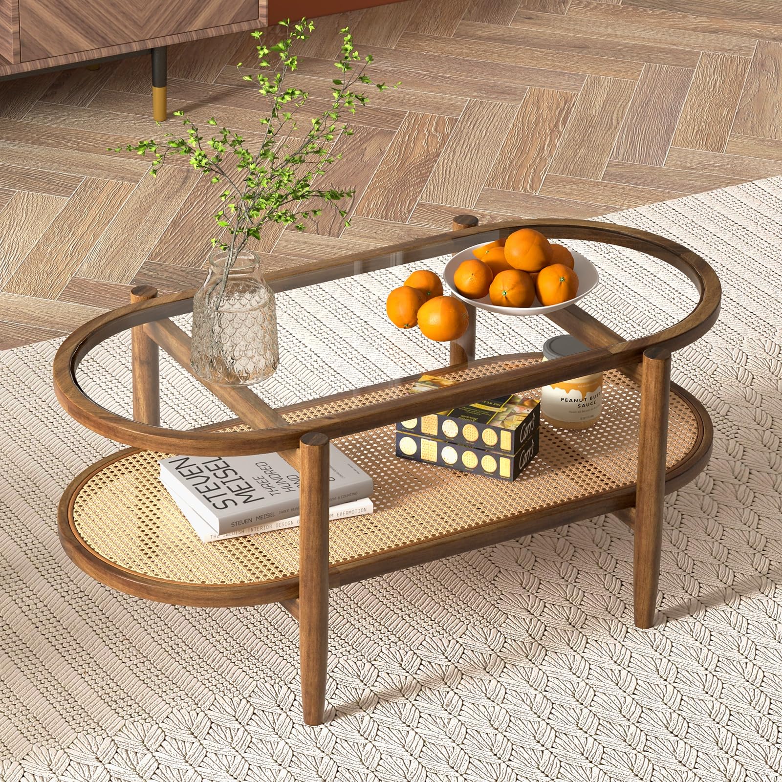 Giantex Rattan Coffee Table, 2-Tier Oval Acacia Wood Tea Table w/Tempered Glass Tabletop & PE Rattan Storage Shelf, Boho