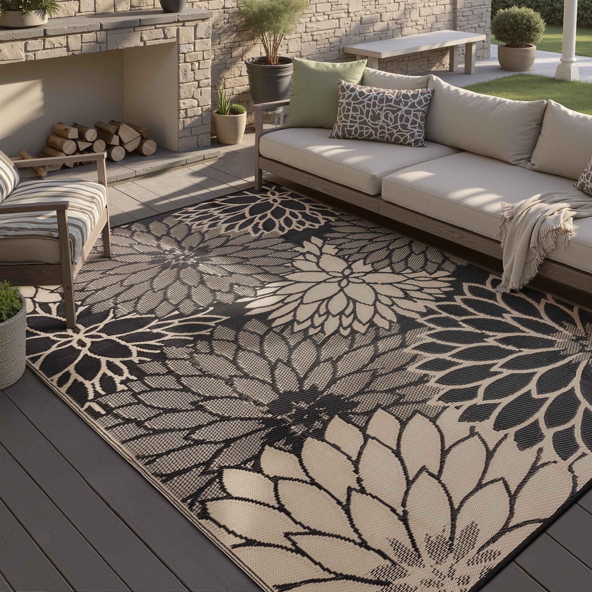 HUGEAR 6'x9' Outdoor Rug Waterproof Plastic Straw Rugs Brown Reversible Floral Mat Floor Carpet for 