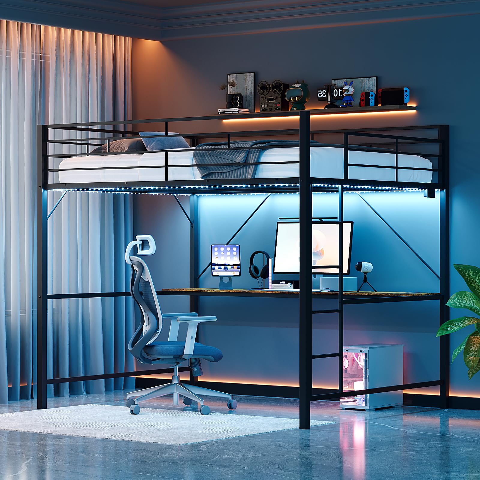Bonnlo Loft Bunk Bed with Desk, Mental Loft Bed with Outlet & LED Light, High Sleeper Bed - 38cm Saf