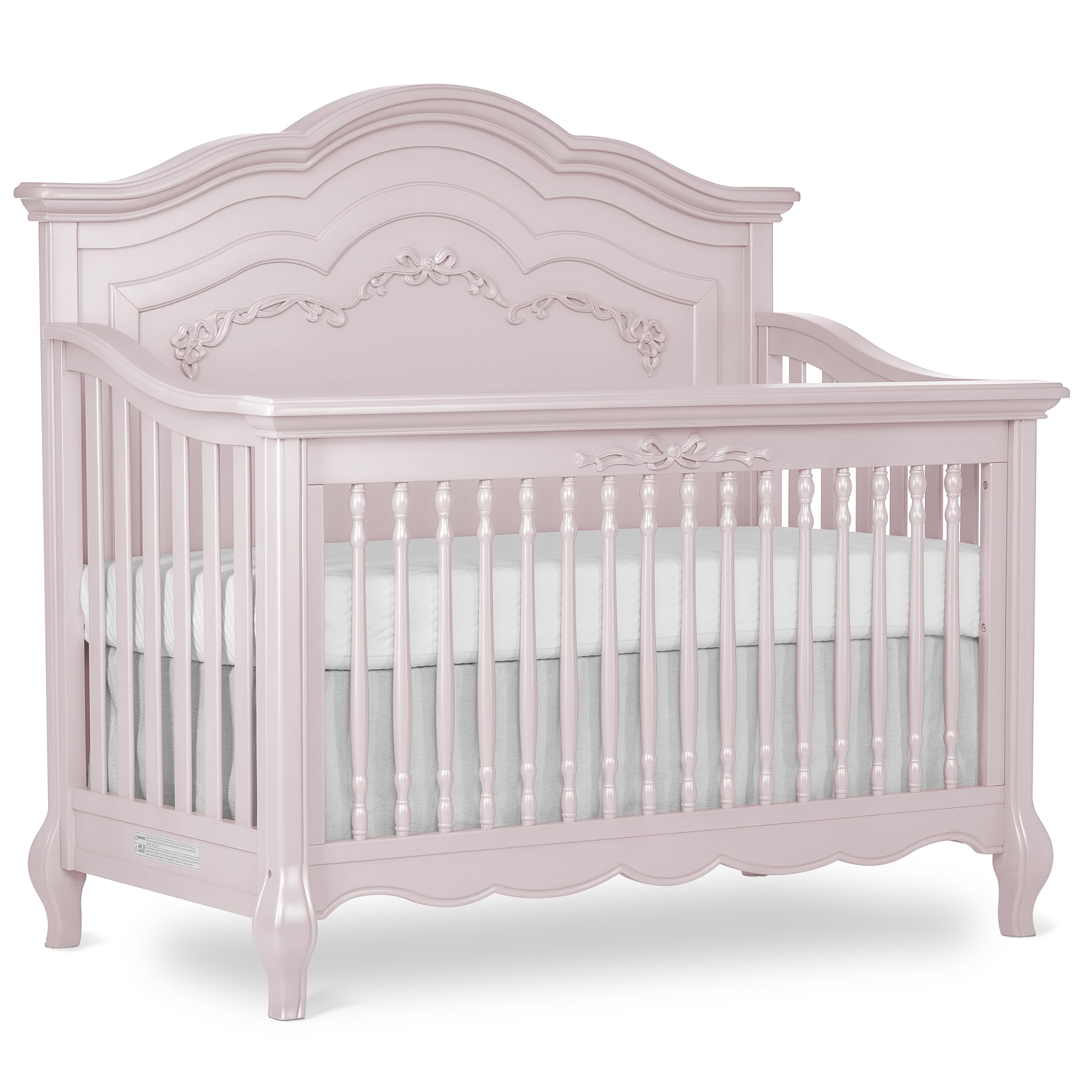Evolur Aurora 5-in-1 Convertible Full-Size Baby Crib in Dusty Rose, 3 Mattress Heights, Ribbon Bow Scrollwork & Queen An