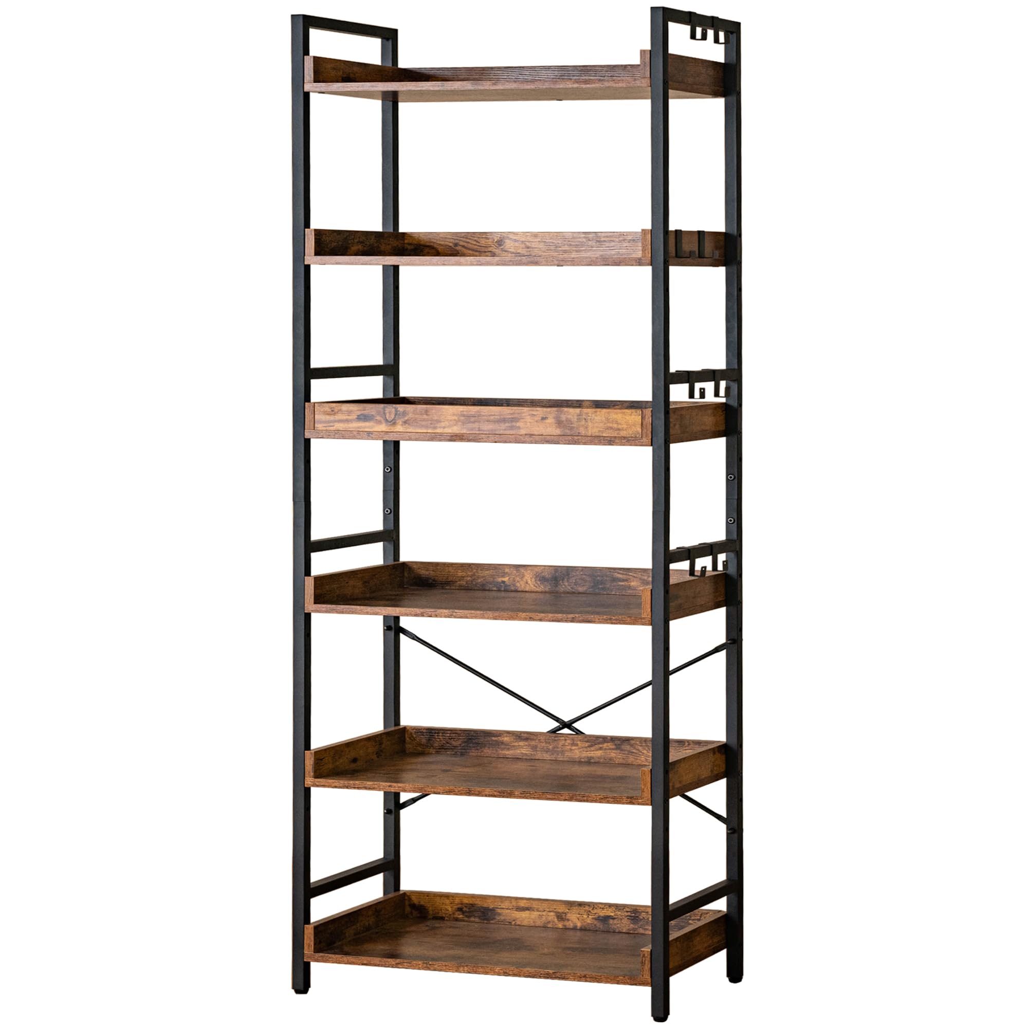 HCHQHS Adjustable 6 Tier Open Bookcase, Rustic Farmhouse Book Shelves, Industrial Wood and Black Met