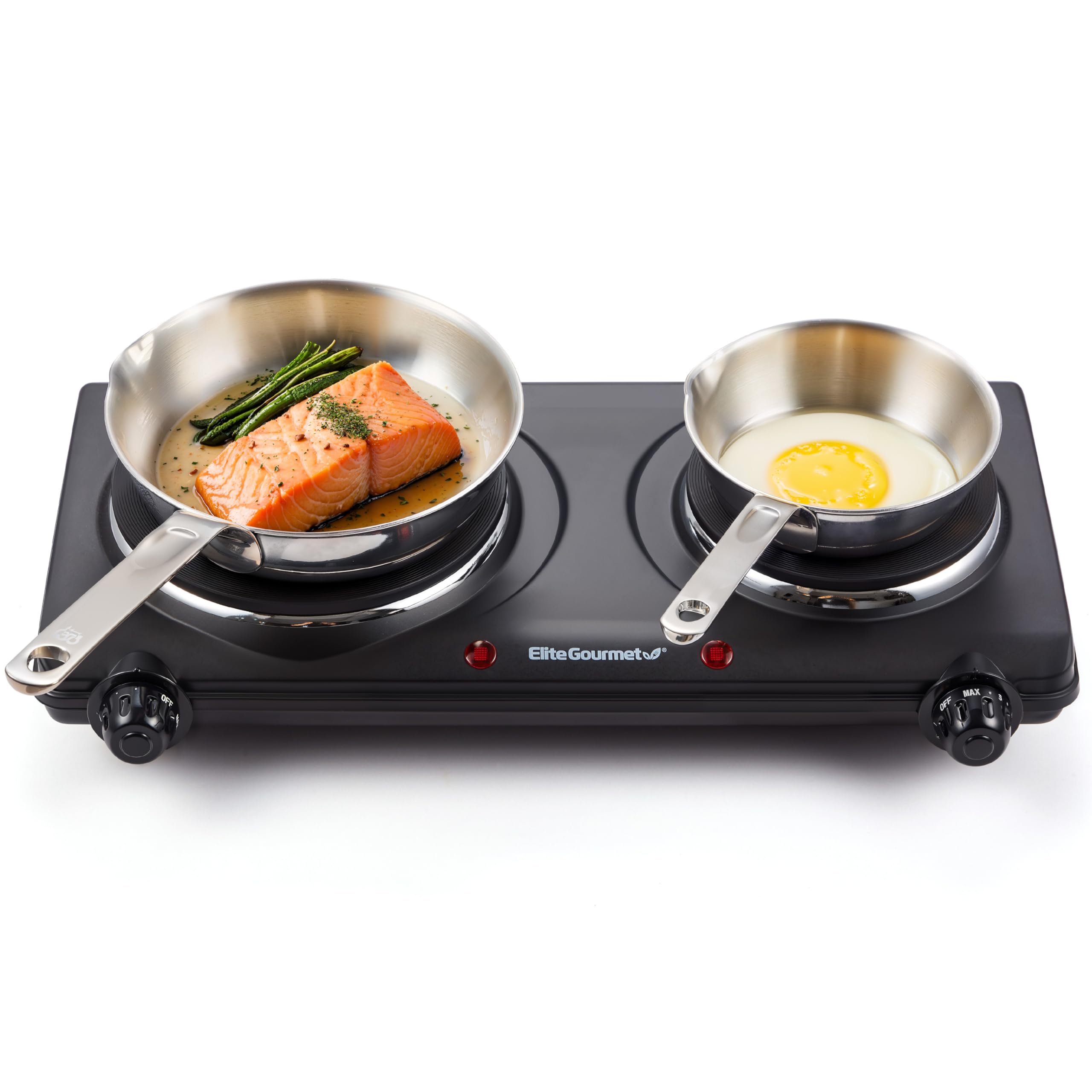 Elite Gourmet EDB-302BF# Countertop Double Cast Iron Burner, 1500 Watts Electric Hot Plate, Temperature Controls, Power