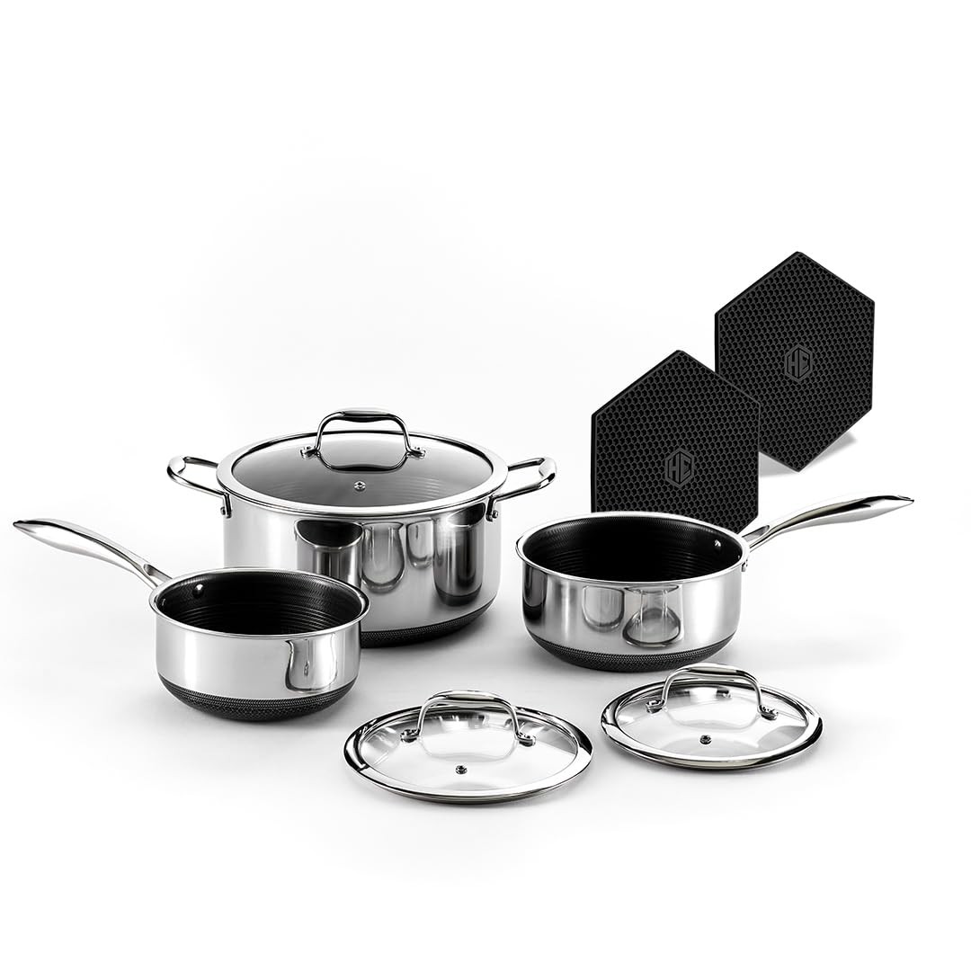 HexClad Hybrid Nonstick 6-Piece Pot Set with 2 Silicone Trivets, 2, 3, and 8-Quart Pots with Tempered Glass Lids, Stay-C