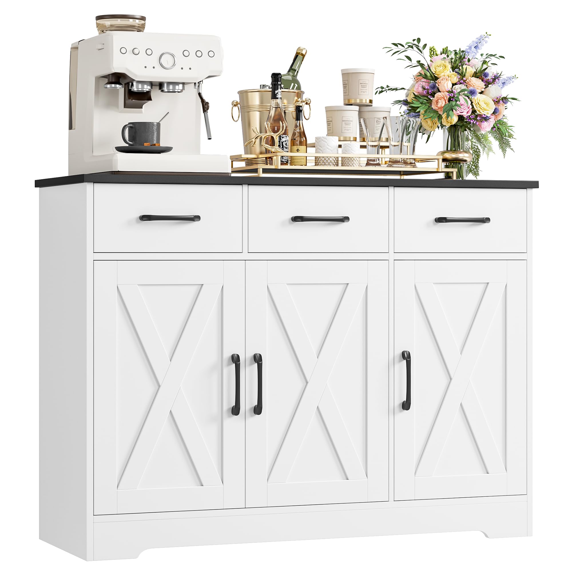 HOCSOK Sideboard, Kitchen Cabinet with 3 Drawers and 3 Doors, Wooden Storage Cupboard Cabinet for Ki