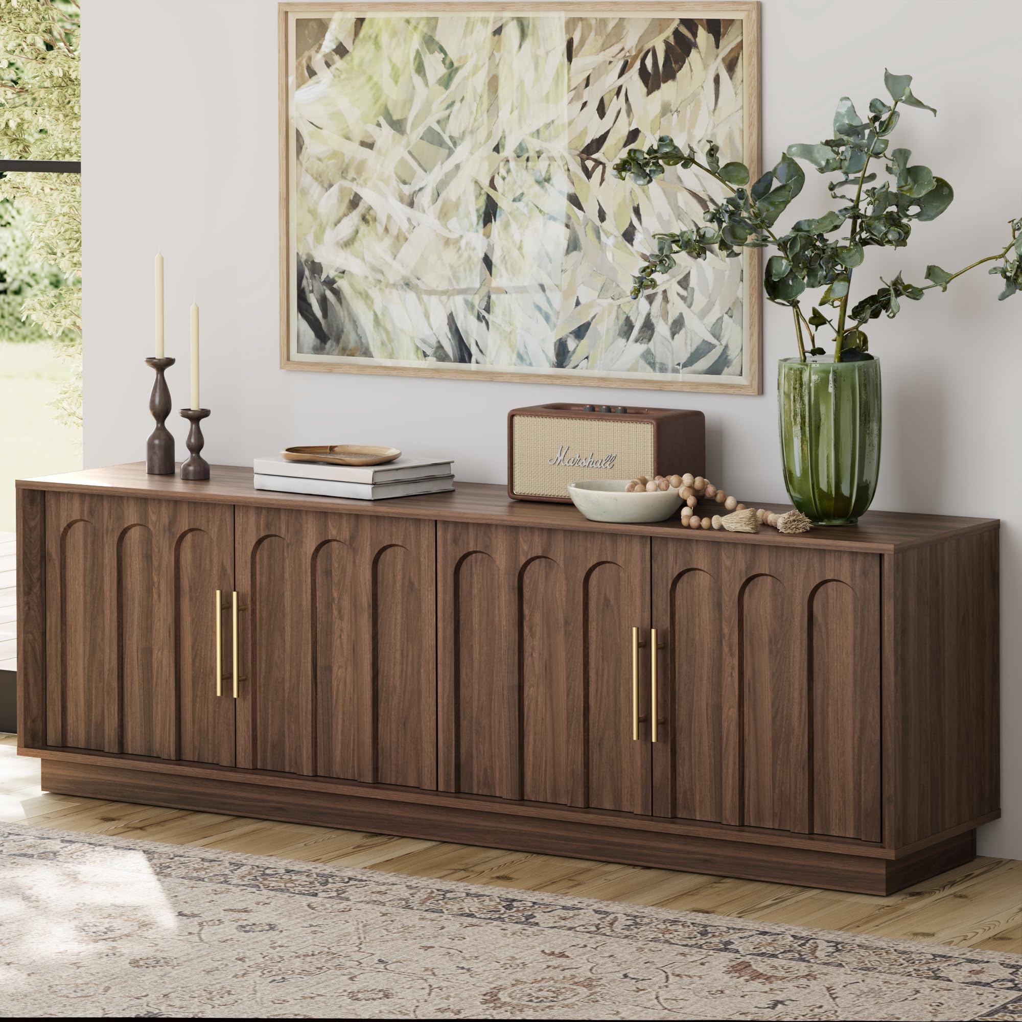 FORTUNETEC TV Stand for 75 Inch TV, Mid Century Modern TV Stand with Arched Design, Wood Grain Finish, Media Console wit