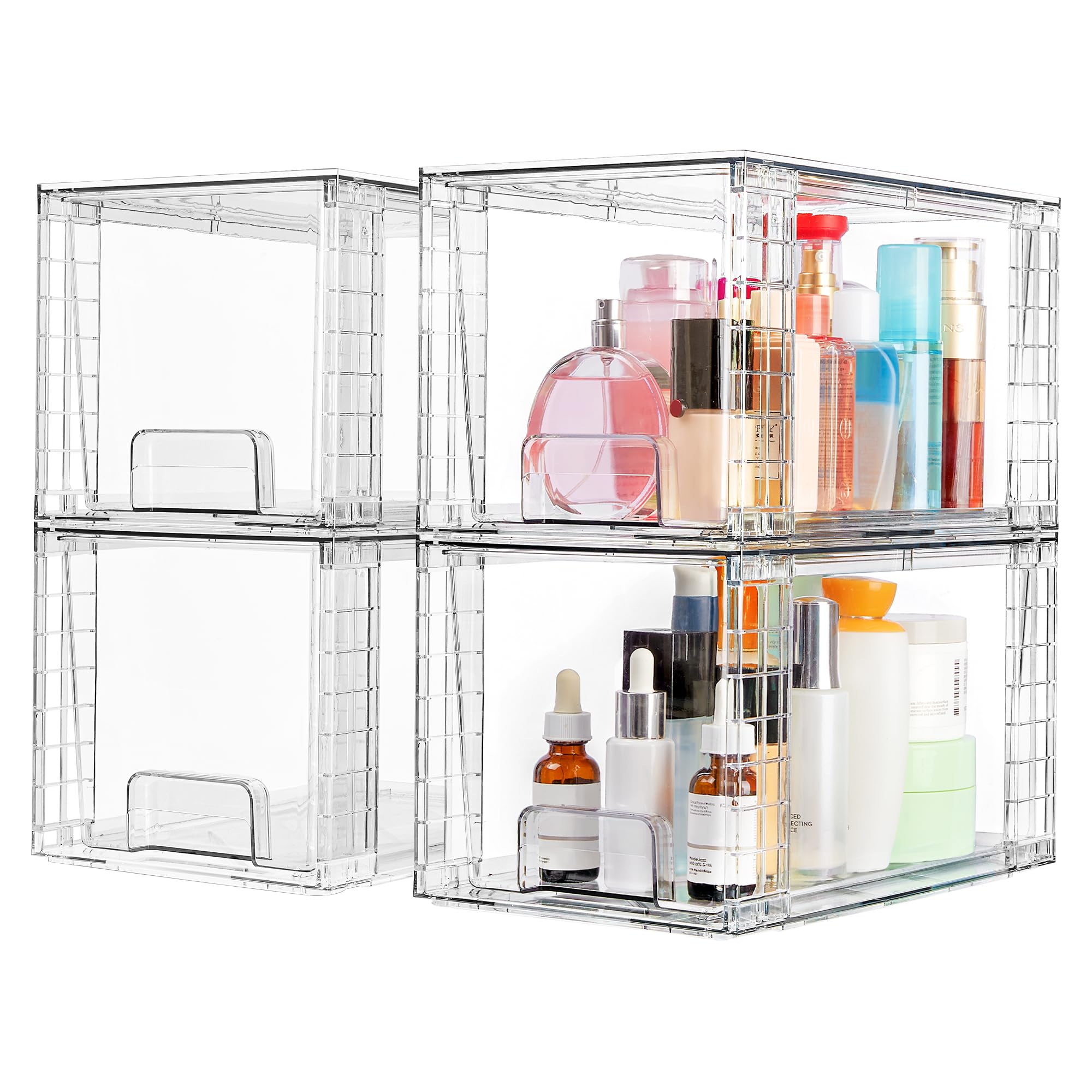 Vtopmart 4 Pack Large Stackable Storage Drawers,Easily Assemble Acrylic Bathroom Closet Undersink Organizers and Storage