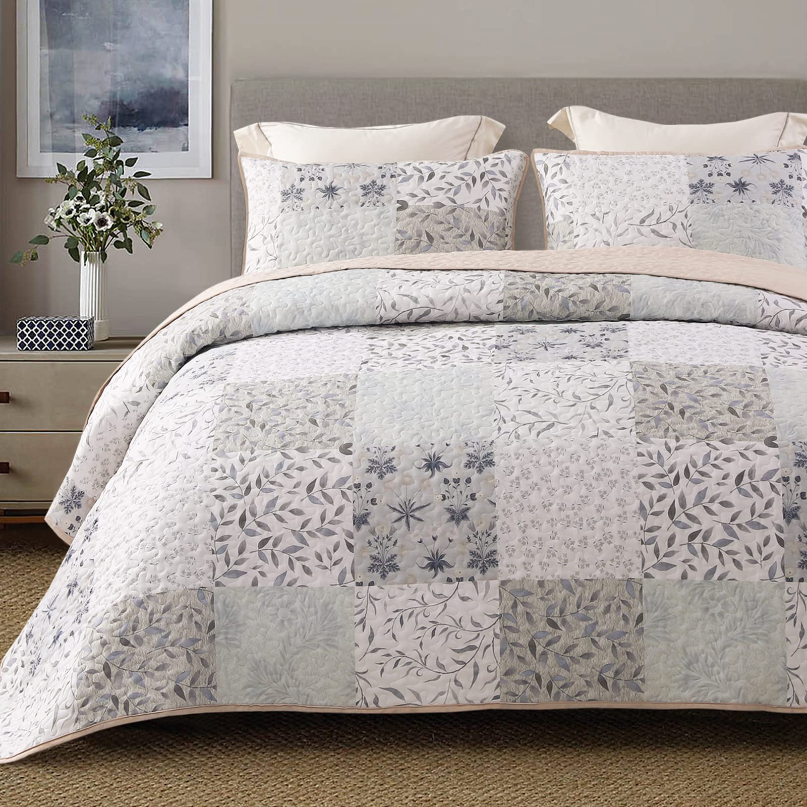 Exclusivo Mezcla Reversible Boho Quilts Queen Size, Gray Soft Bedspreads Lightweight Coverlet All Se