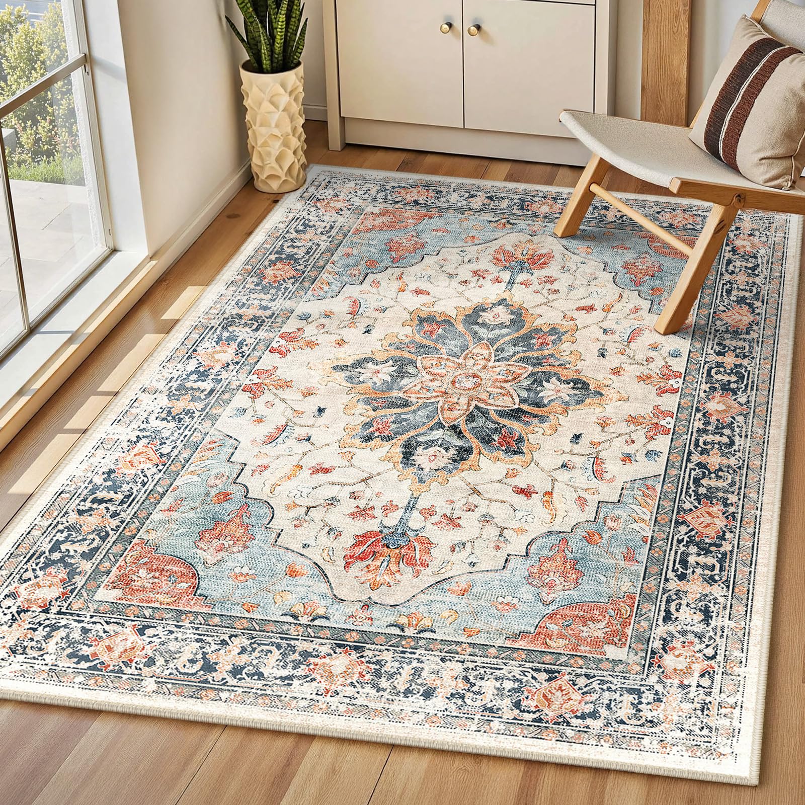 INOVADAY Machine Washable Rugs 90x150 cm Vintage Area Rug Low Pile Anti-Slip Carpet with Print Patte