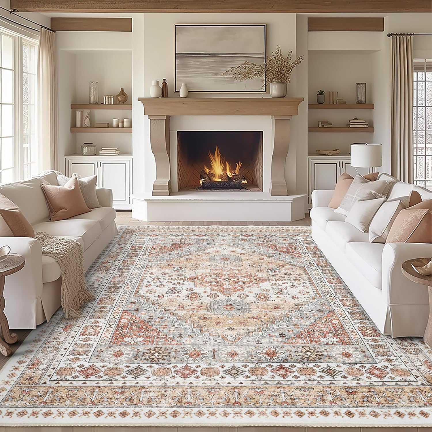 zesthome 8x10 Area Rugs for Living Room,Non-Slip Backing Washable Rugs,Vintage Large Area Rug，Stain Resistant Home Decor