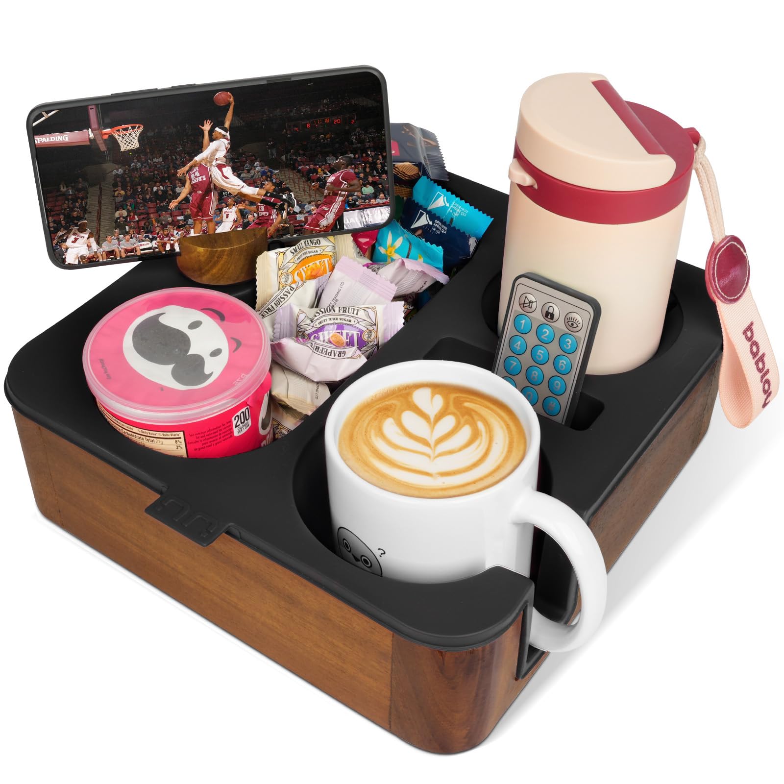 Couch Cup Holder Tray, Real Acacia Wooden Caddy with Soft Silicone, Snack and Drink Organizer- Perfect Movie Night Acces