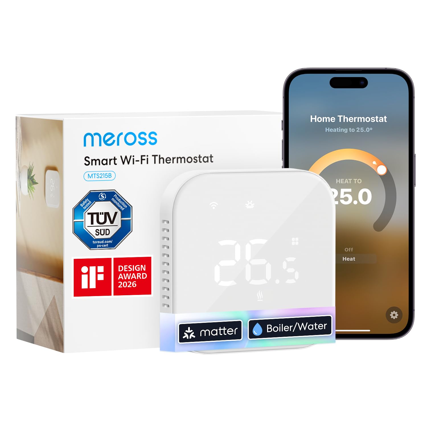 Meross Smart Thermostat Works with Combi Boiler & Water-Based Underfloor Heating, WiFi Room Programmable Thermostat with
