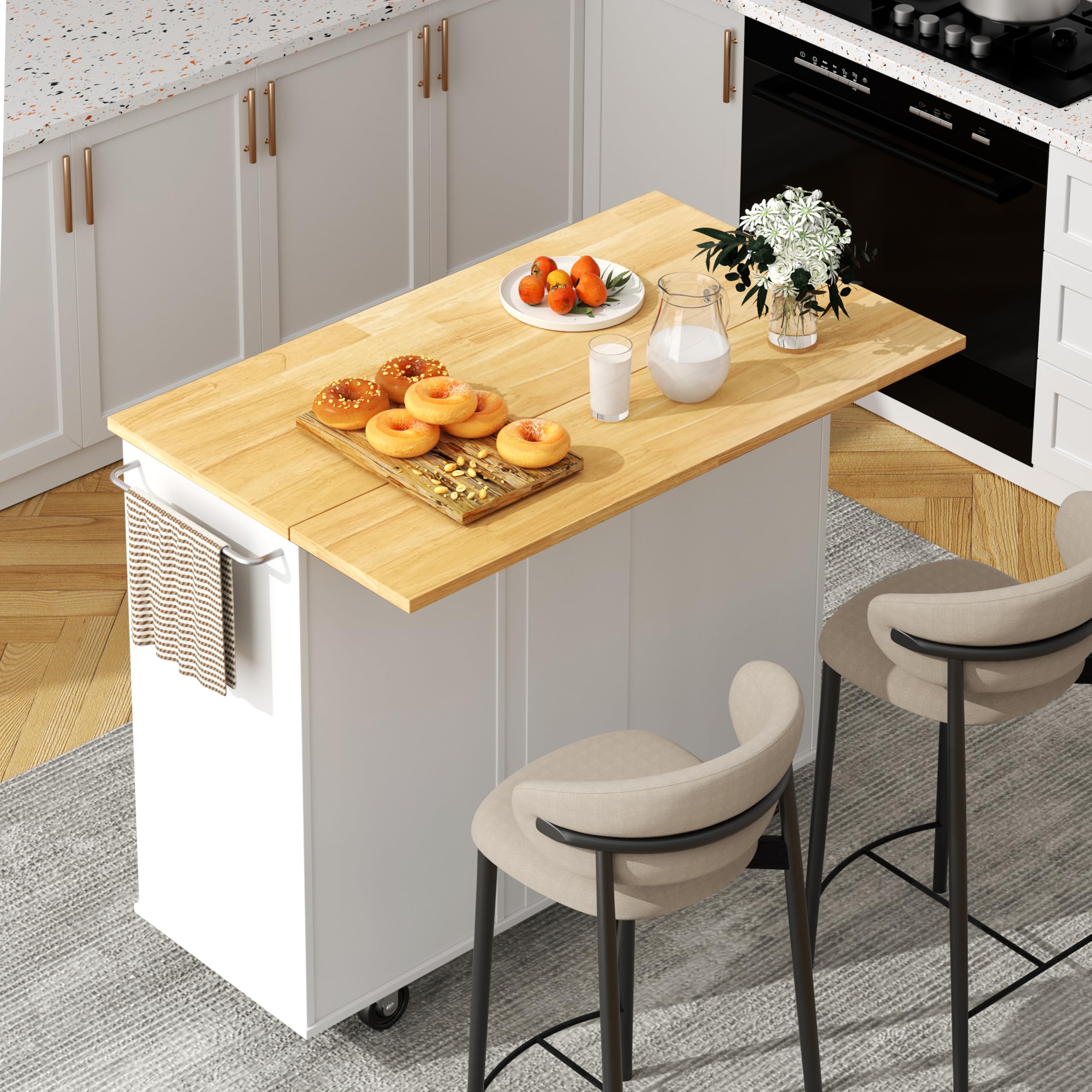Shintenchi Kitchen Island with Folding Drop Leaf, Rolling Island Table with Storage, Kitchen Cabinet