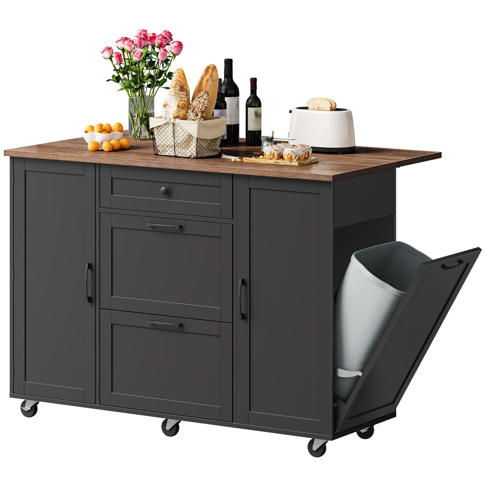 CHOEZON Kitchen Island with Trash Can Cabinet, Drop-Leaf Tabletop & 6 Wheels, 51.2-Inch Rolling Kitc
