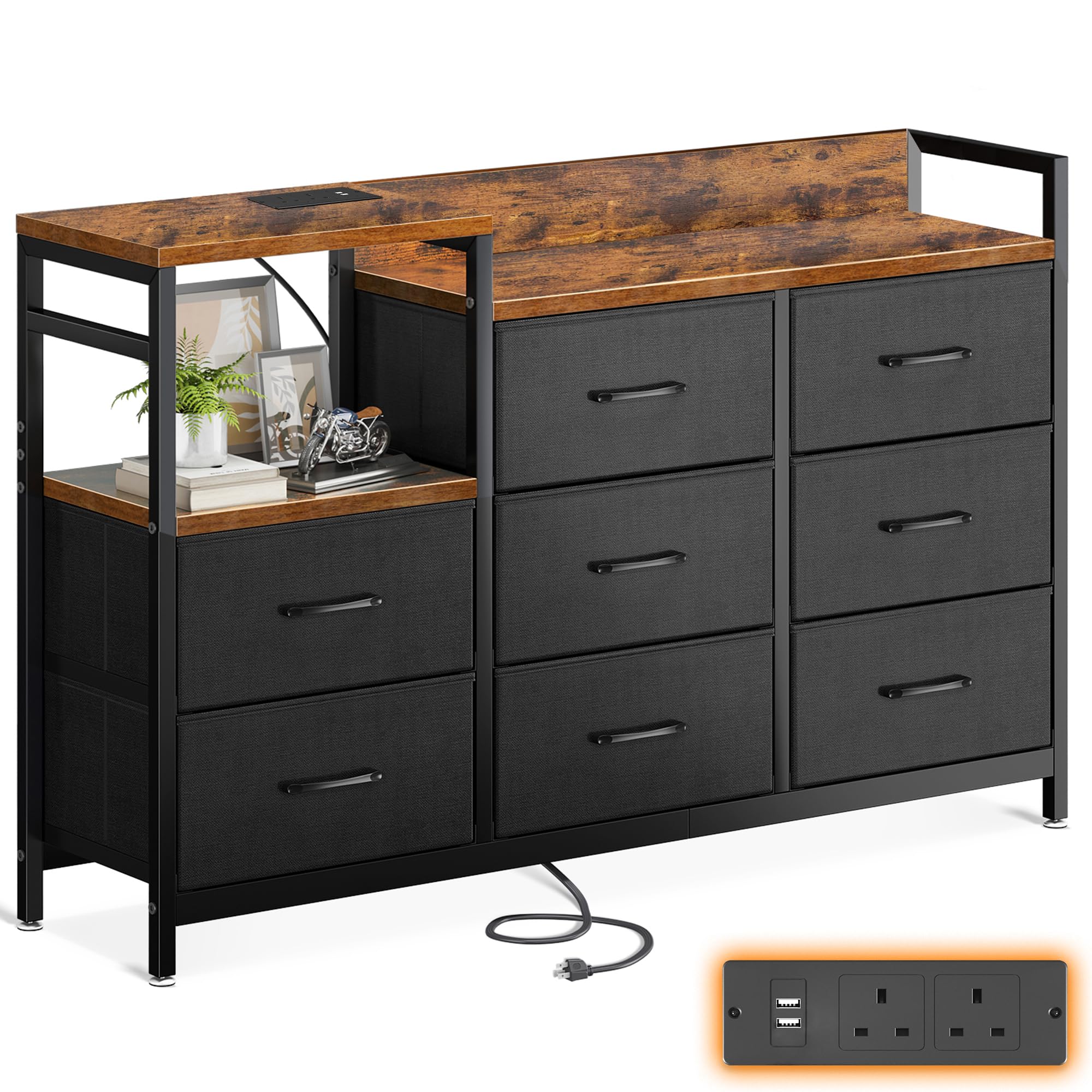 ODK Chest of Drawers Bedroom, Contains 2 USB & 2 AC Ports Sockets, Storage Dresser with 8 Fabric Dra