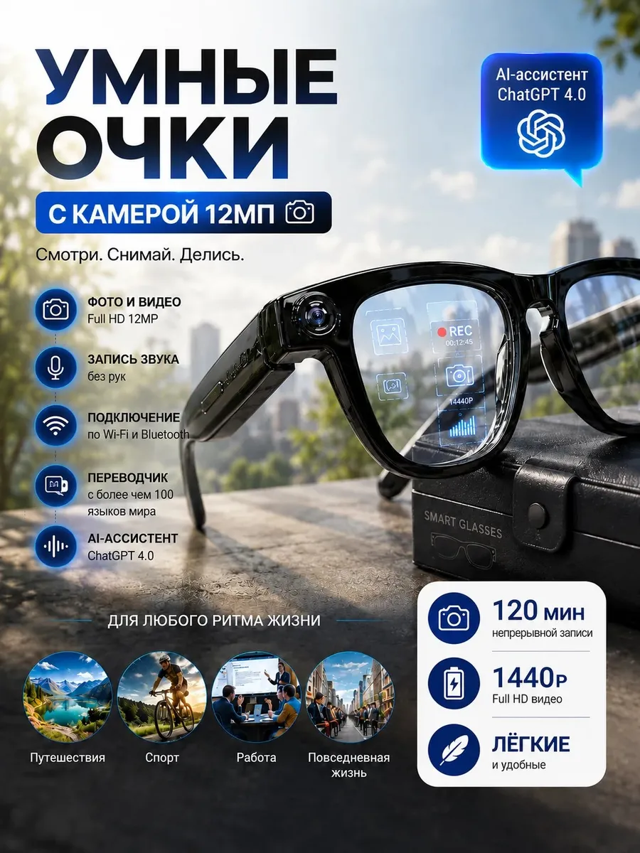 Умные смарт очки с камерой HD 1440p и AI-ассистентом