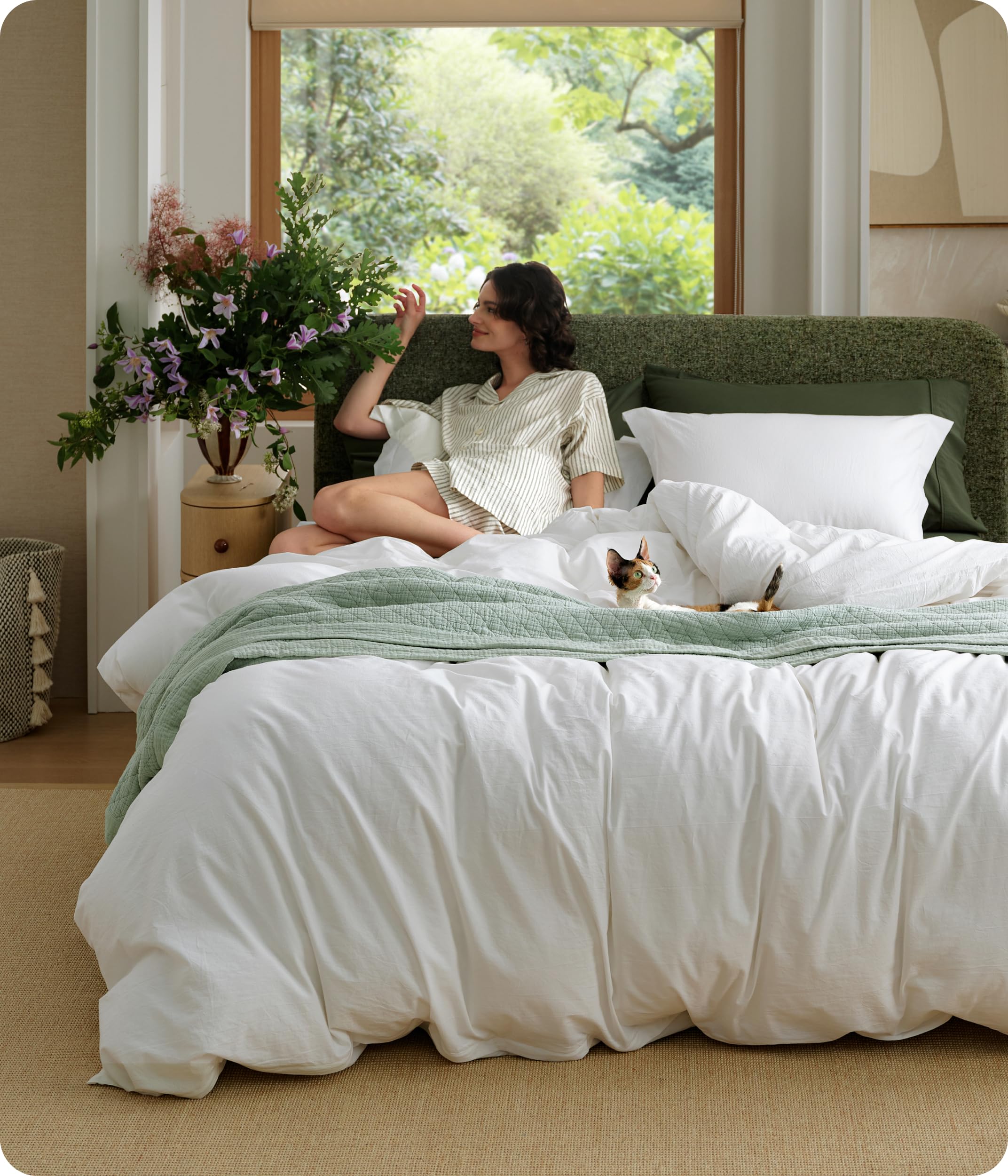 Bedsure 100% Washed Cotton Duvet Cover Queen Size - Natural White Minimalist Bedding Set Linen Like - PureWoven Plain Si