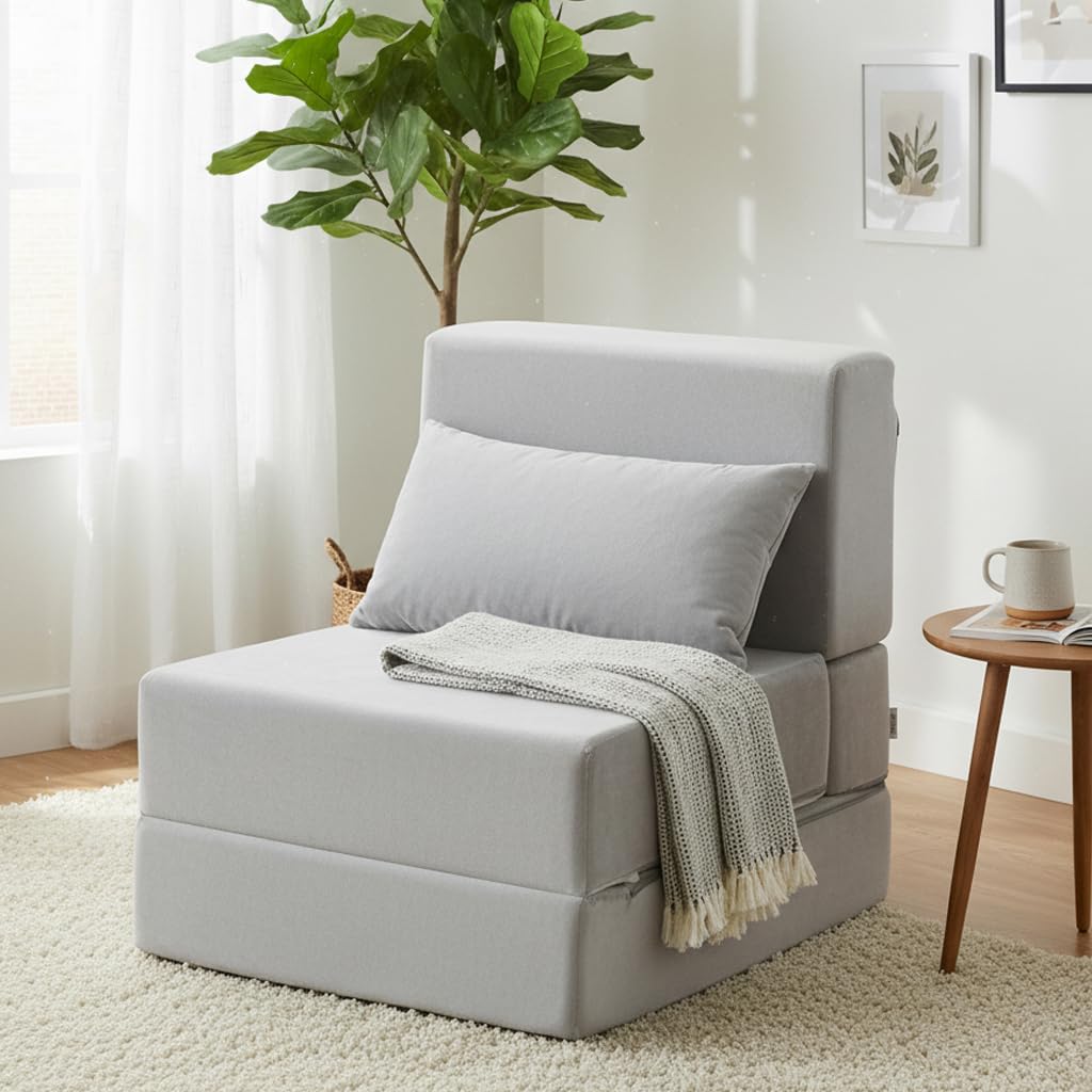 Folding Sofa Bed Chair - Sleeper Chair with Pillow, Modern Linen Fabric Floor & Futon Couch (Standard) (Gray, Standard)