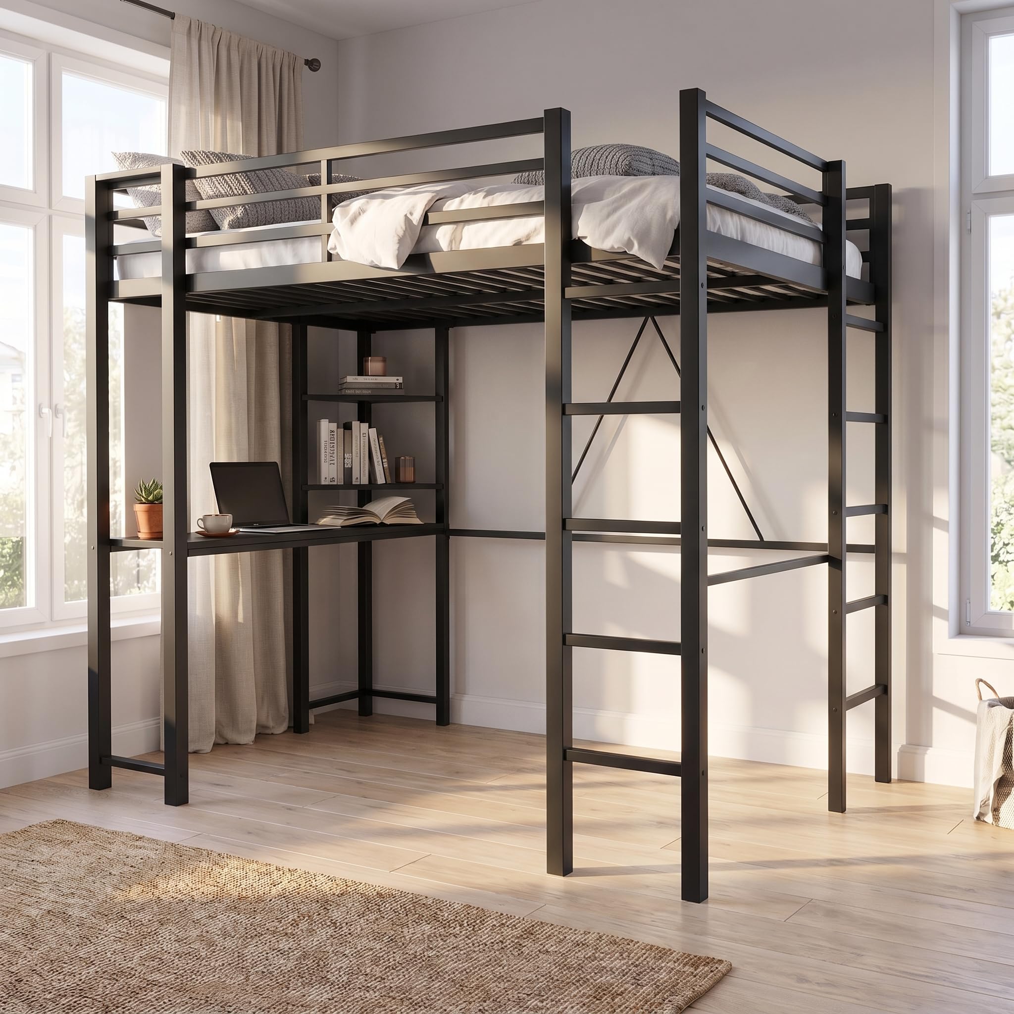 SUNLEI Loft Bed with Desk, Metal Loft Bed Full Size with 2 Built-in Ladders, Space-Saving Bed Frame,