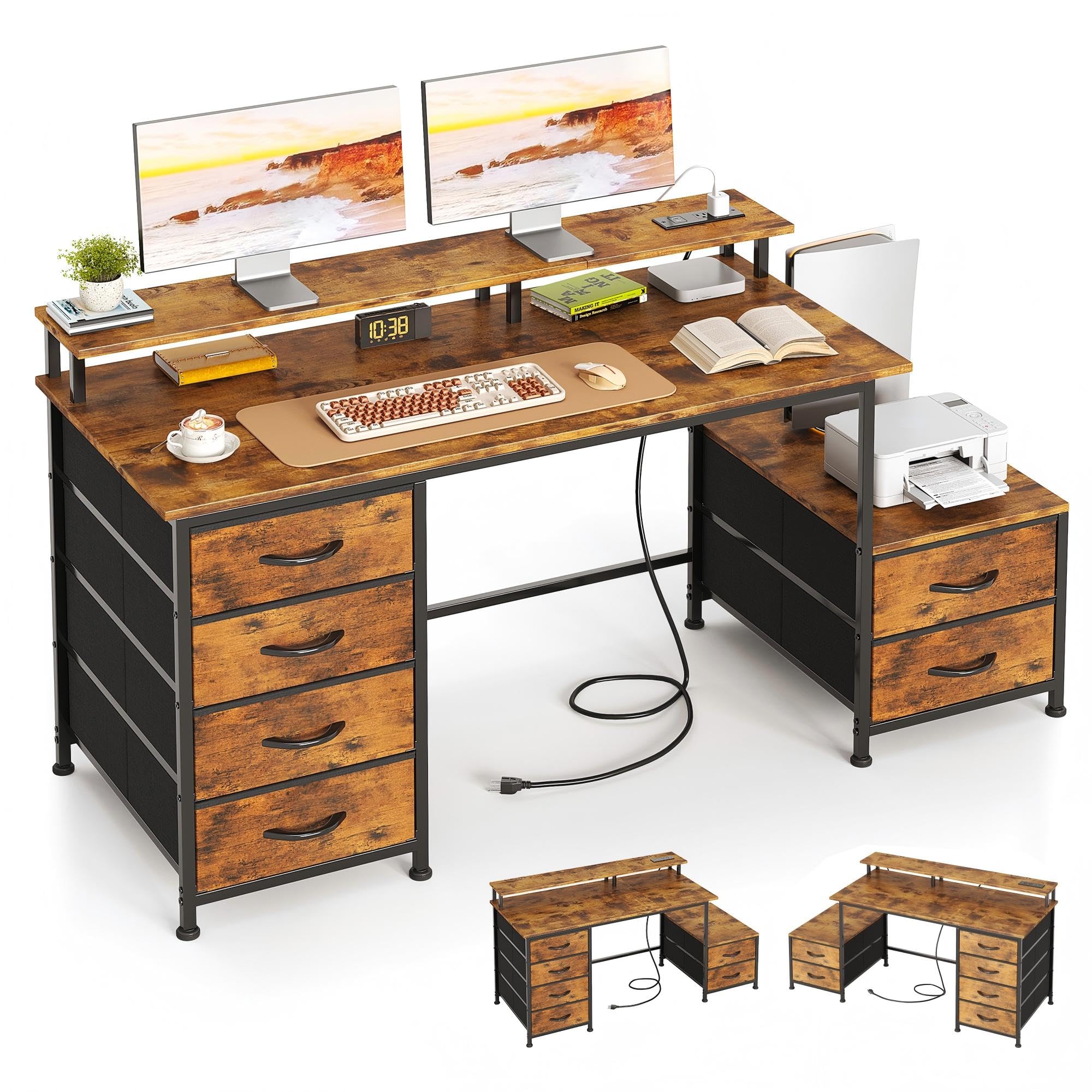 128cm Desk with Fabric File Cabinet, Computer Desk with Shelves and Drawers, Writing Table with Moni