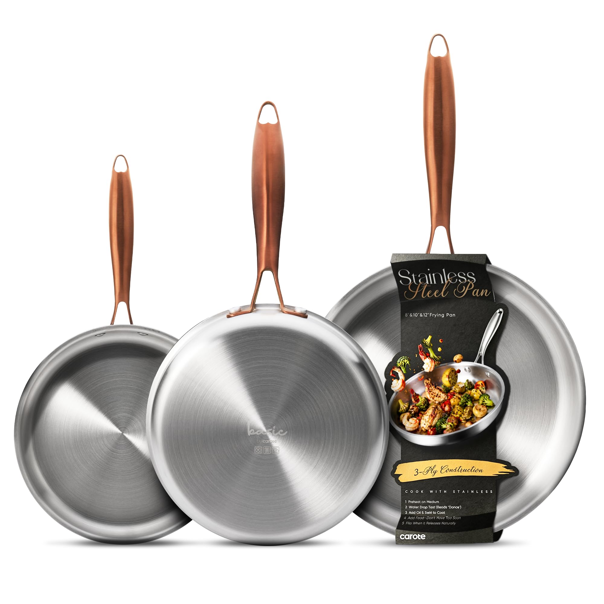 CAROTE 3-Piece Tri-Ply Stainless Steel Frying Pan Set, Skillet Set 8