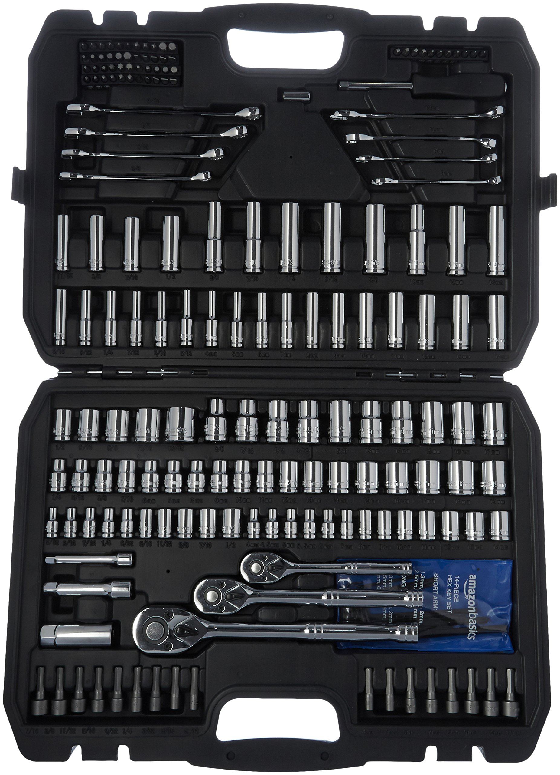 Amazon Basics 201-Piece Mechanic's Socket Tool Set With Case, SAE and Metric Sizes, Chrome-Vanadium 