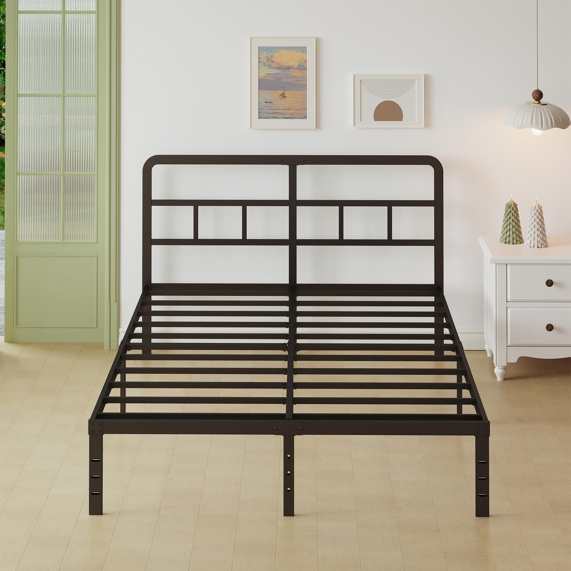إطار سرير سوبر كينج مع لوح أمامي منحني، إطار سرير معدني أسود شديد التحمل مع شرائح ستيل، سرير سوبر كي