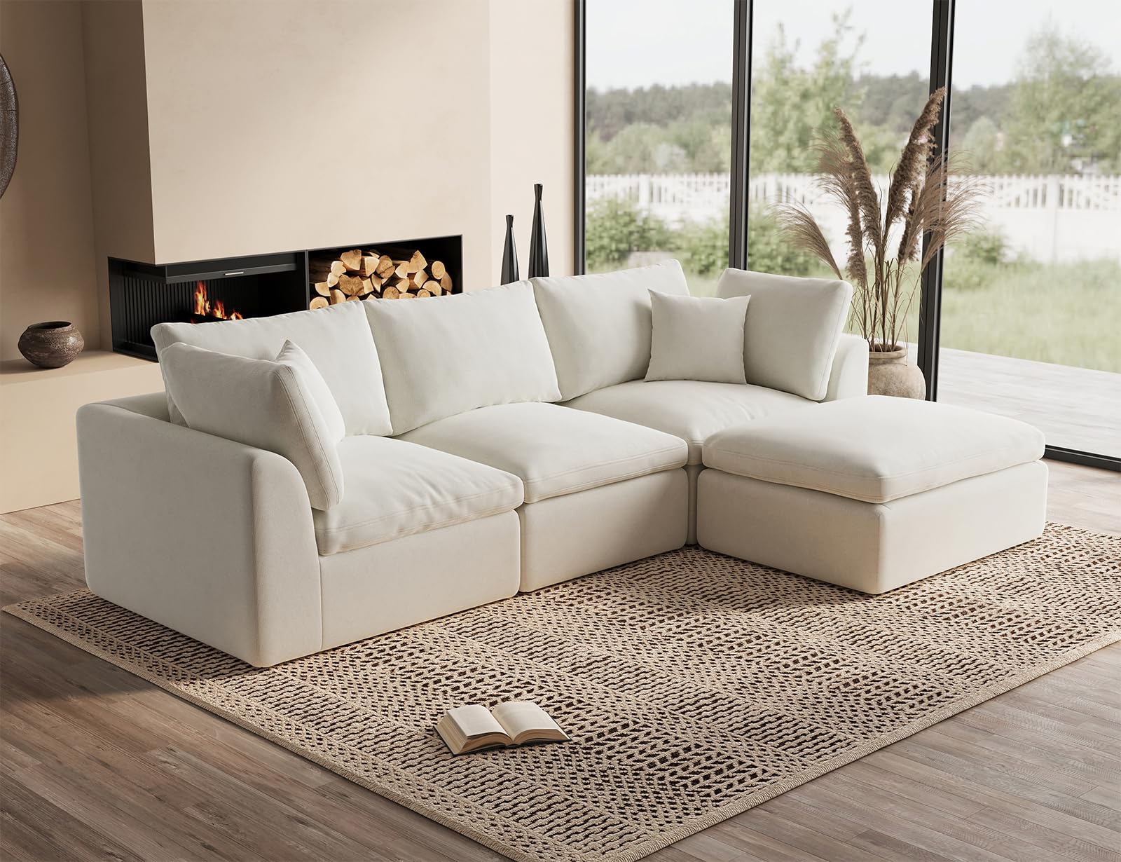 ohllob 110" Cloud Sectional Couches for Living Room, Convertible L-Shape Couch with Ottoman, 3 Seate