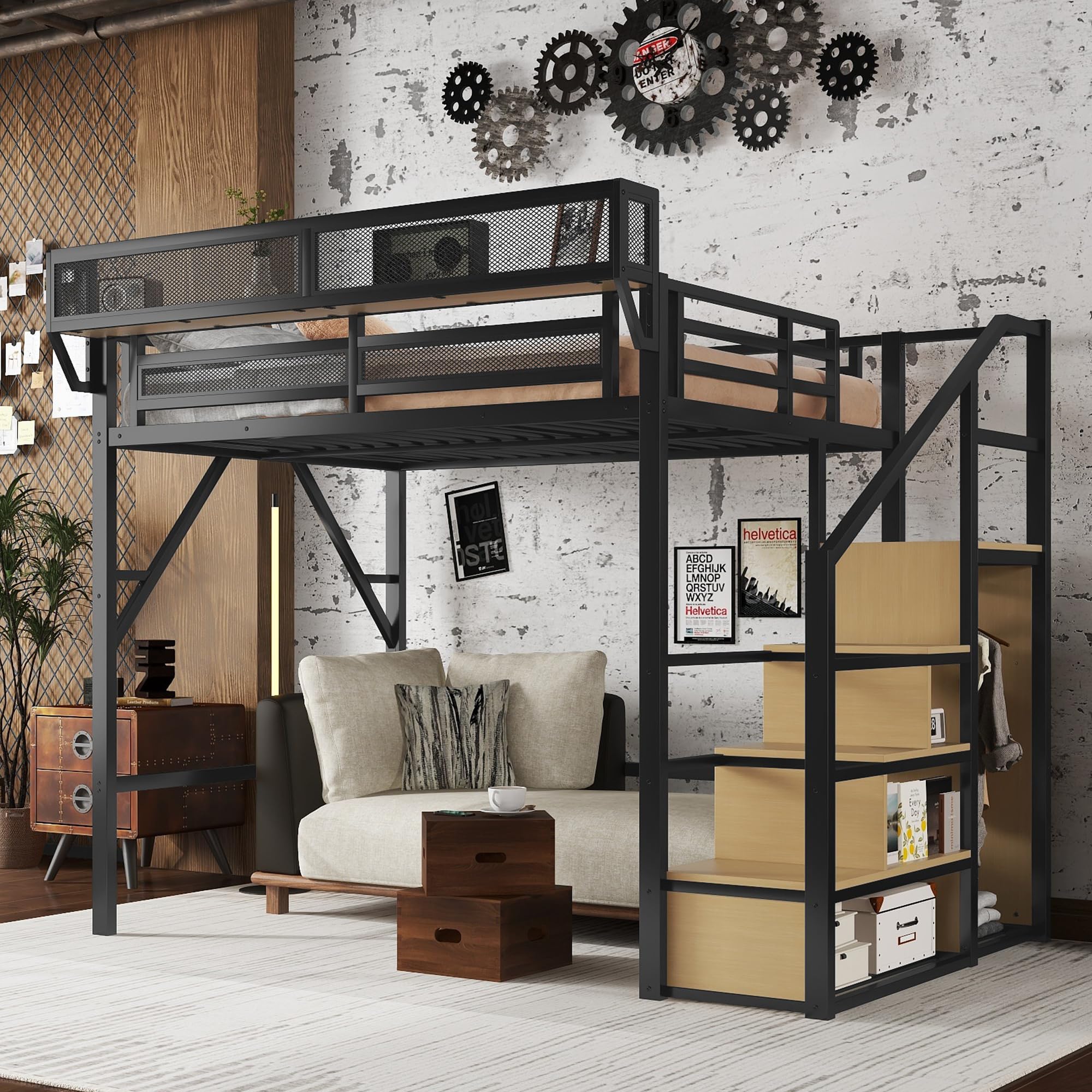 Full Size Loft Bed with Stairs, Heavy-Duty Metal Loft Beds, High Loft Bed Frame with Storage Shelves, Junior loft Bed wi